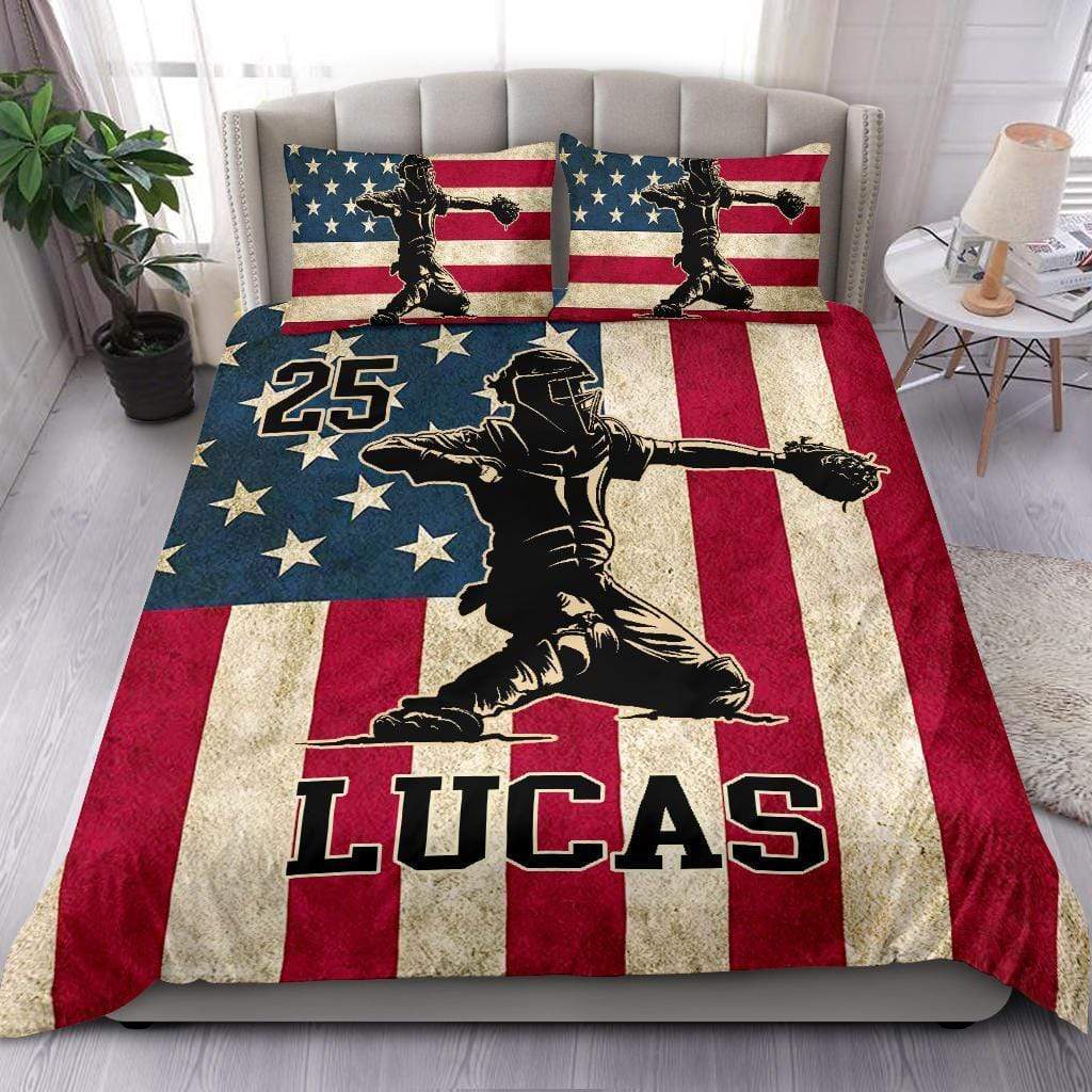 American Flag Baseball Catcher Personalized Custom Name Duvet Cover Bedding Set