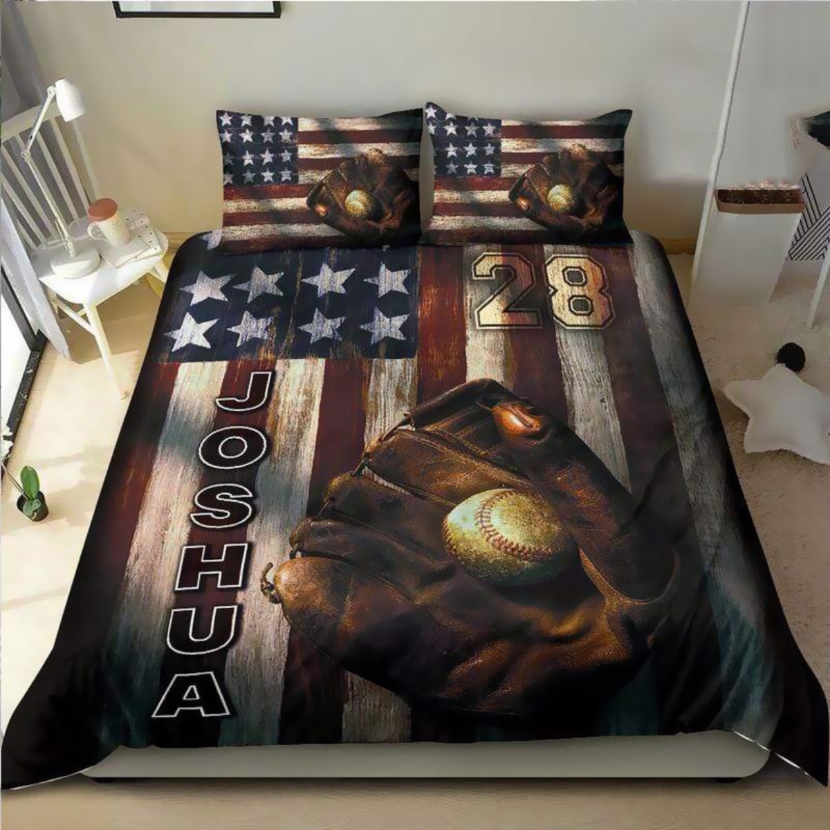 American Flag Baseball Custom Name & Number Duvet Cover Bedding Set