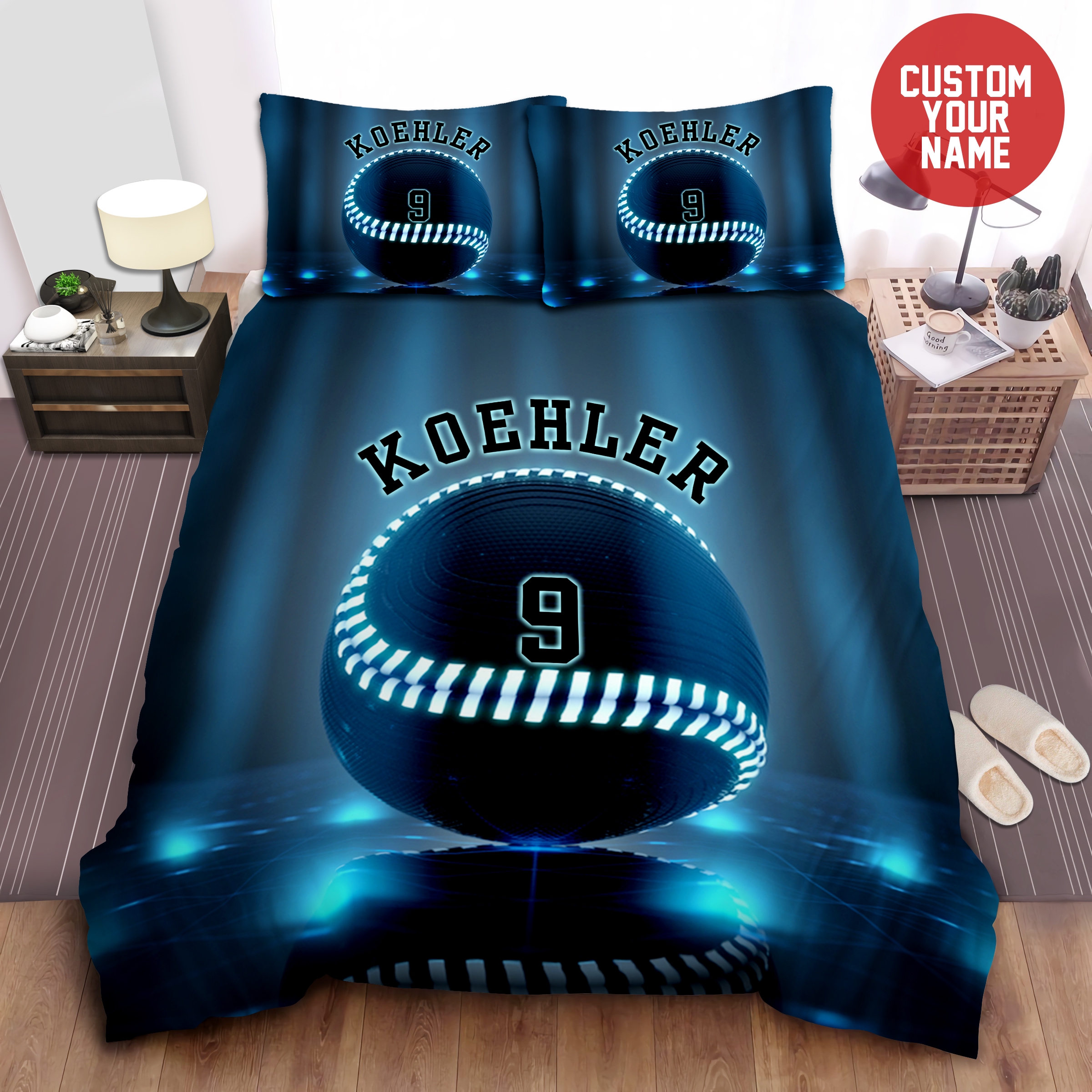 Baseball Blue Light Personalized Custom Name Duvet Cover Bedding Set