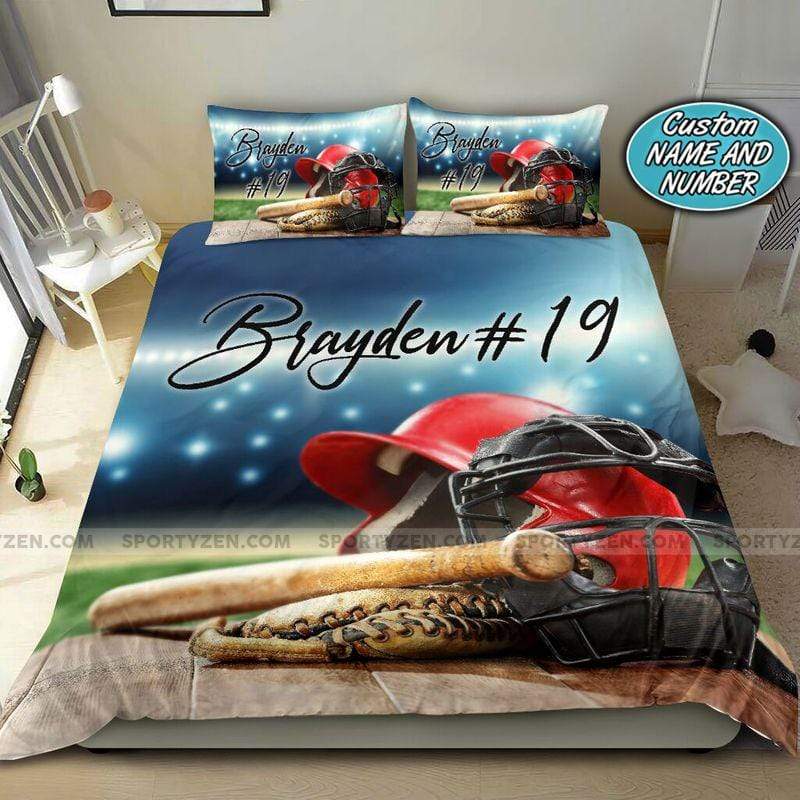 Baseball Helmet Glove Bat Personalized Custom Name Duvet Cover Bedding Set