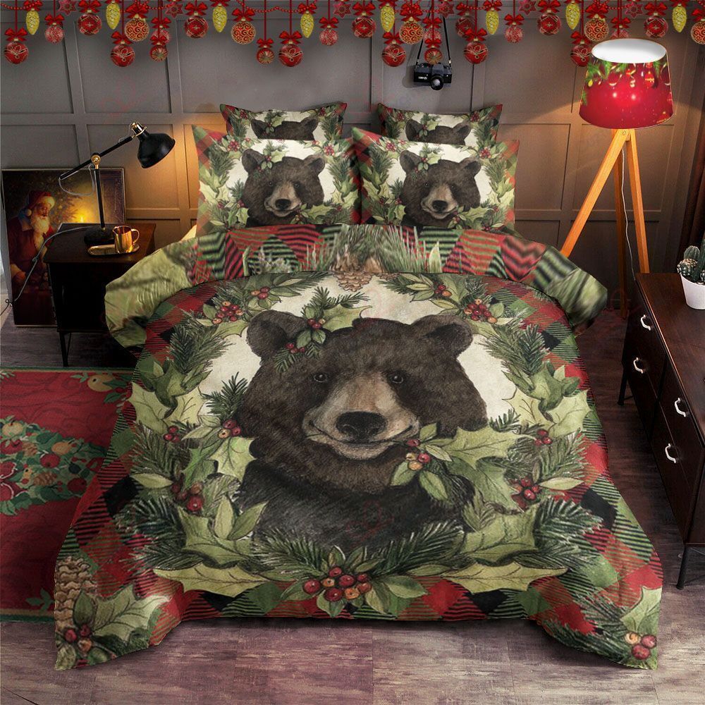 Bear In The Middle Of Laurel Wreath Artwork Bed Sheets Spread Comforter Duvet Cover Bedding Sets