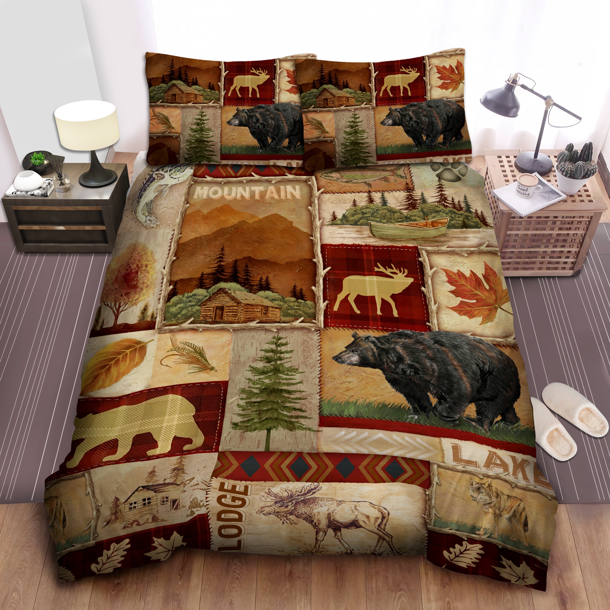 Bear Moose Lodge Collage Bed Sheets Spread Duvet Cover Bedding Sets