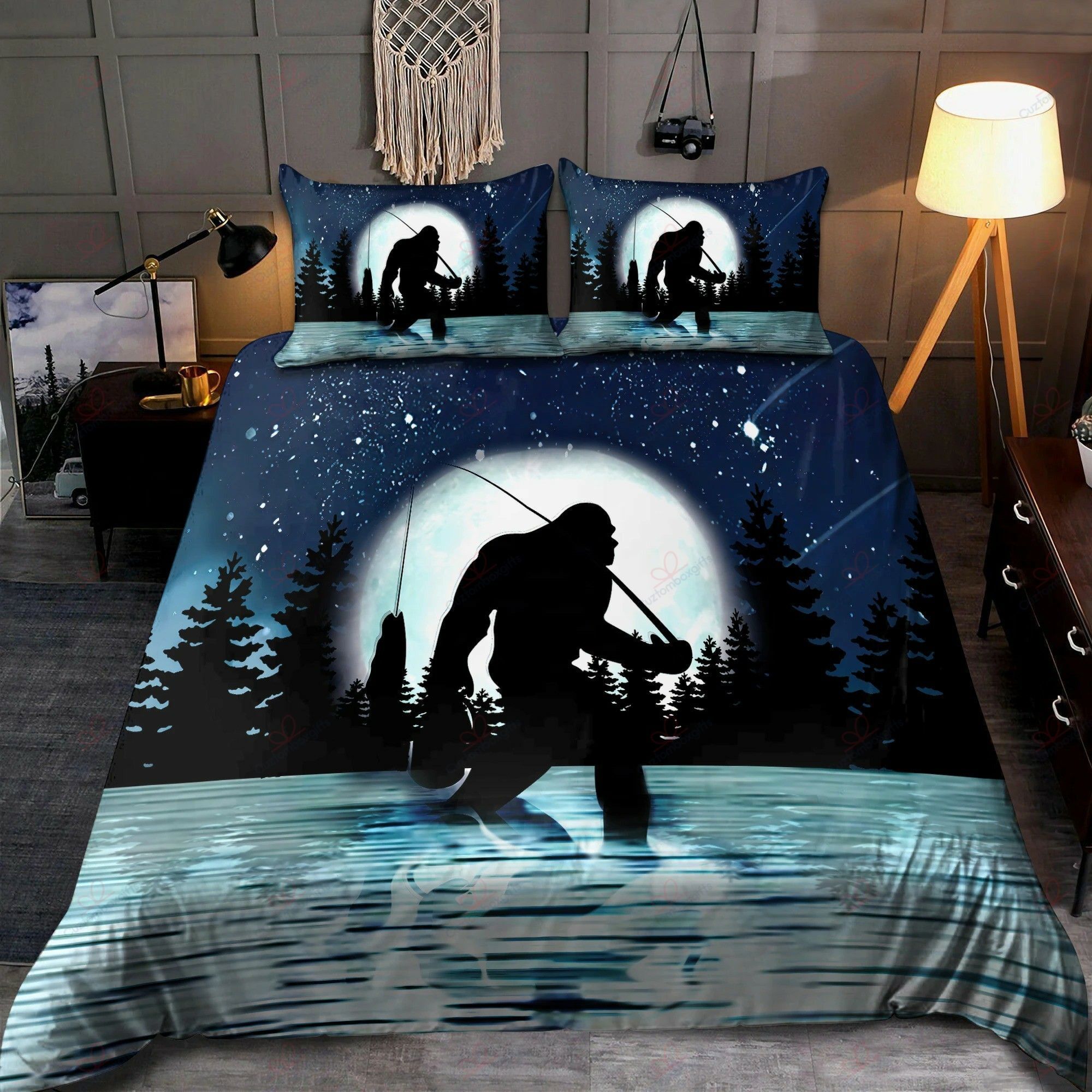 Bigfoot Fishing At Night Cotton Bed Sheets Spread Comforter Duvet Cover Bedding Sets Perfect Gifts For Big Foot Lover Gifts For Birthday Christmas Thanksgiving