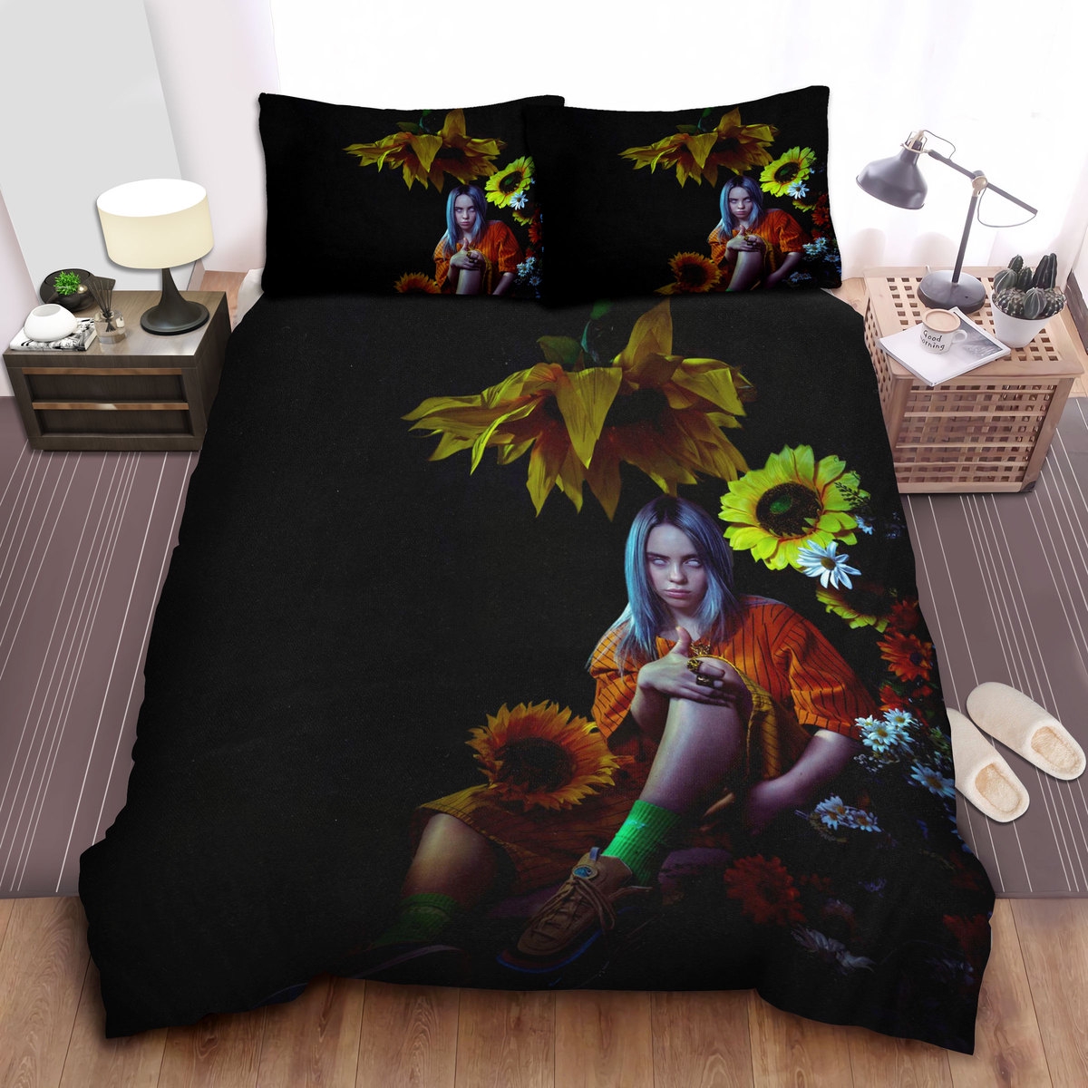 Billie Eilish And Sunflowers In The Dark Picture Bed Sheets Spread Comforter Duvet Cover Bedding Sets