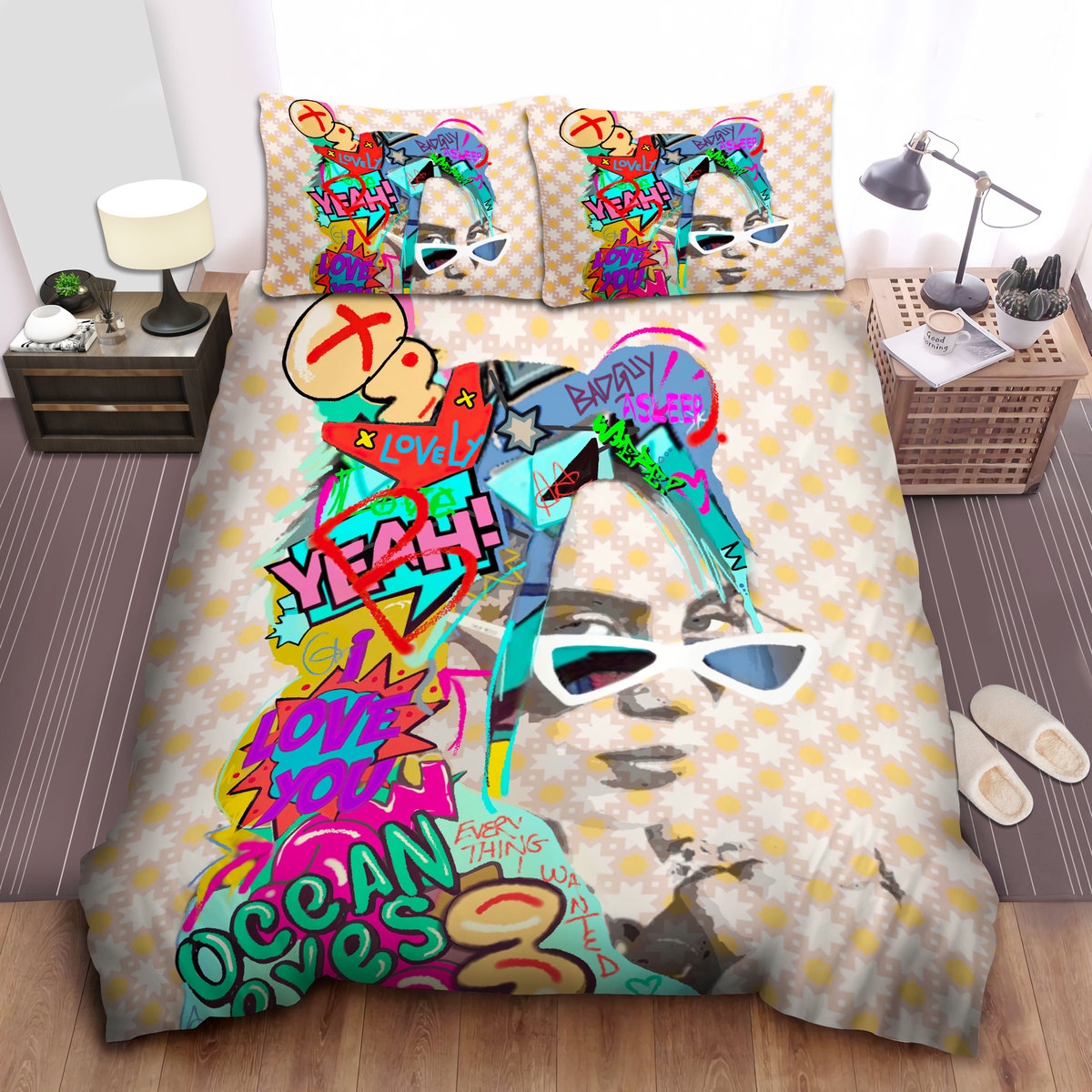 Billie Eilish Portrait In Pop Artwork Bed Sheets Spread Comforter Duvet Cover Bedding Sets