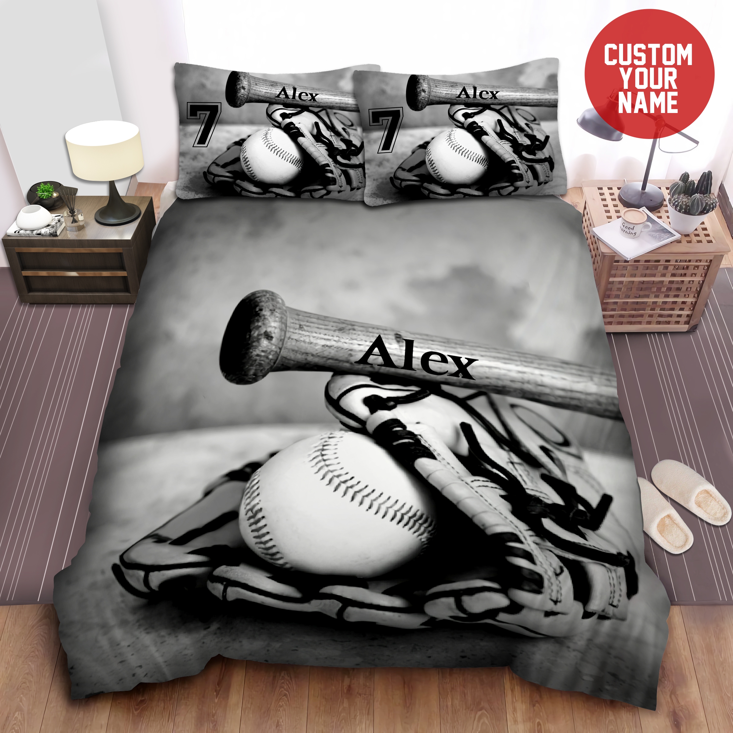 Black And White Baseball Stuff Custom Duvet Cover Bedding Set With Your Name