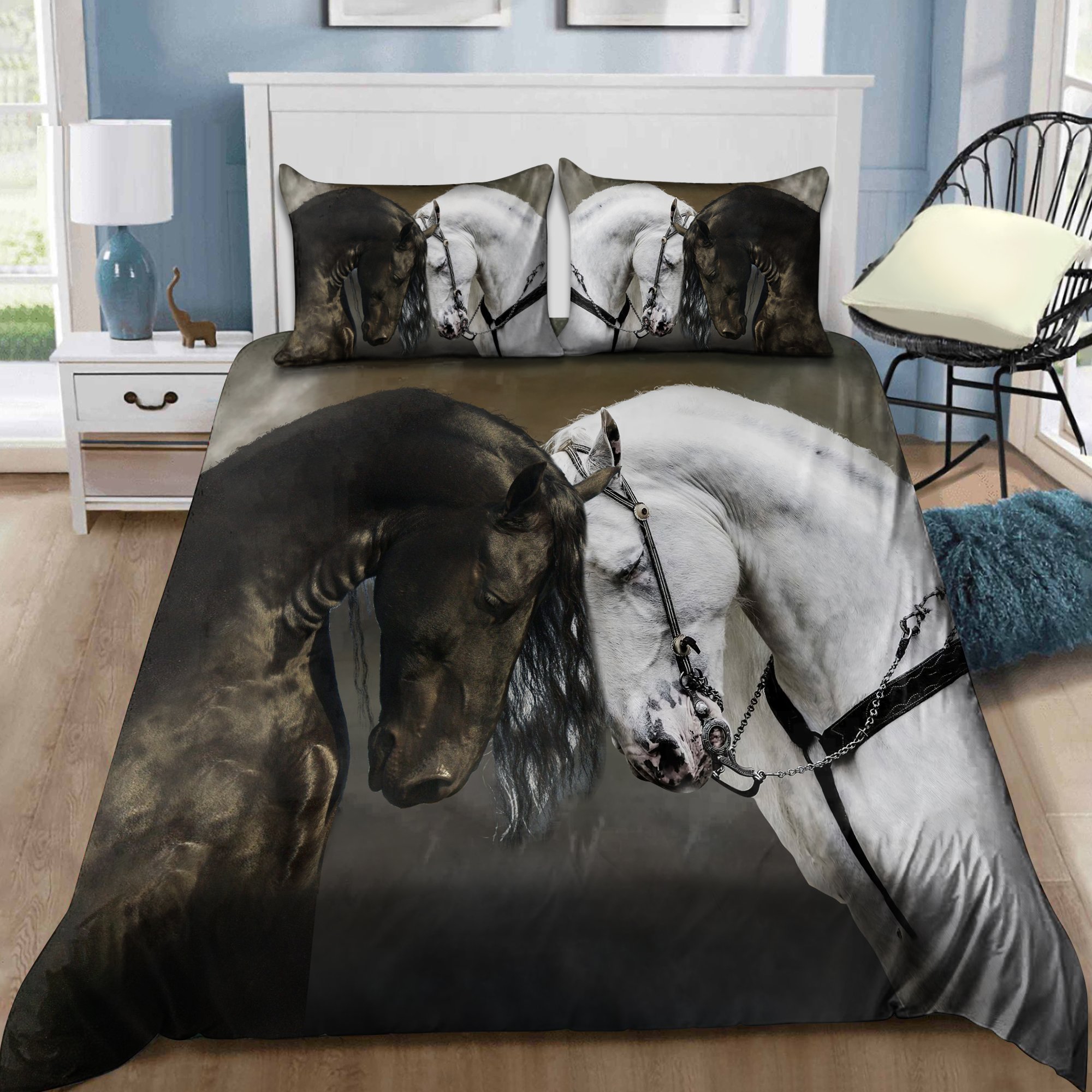 Black And White Horse Couple Bed Sheets Spread Duvet Cover Bedding Set