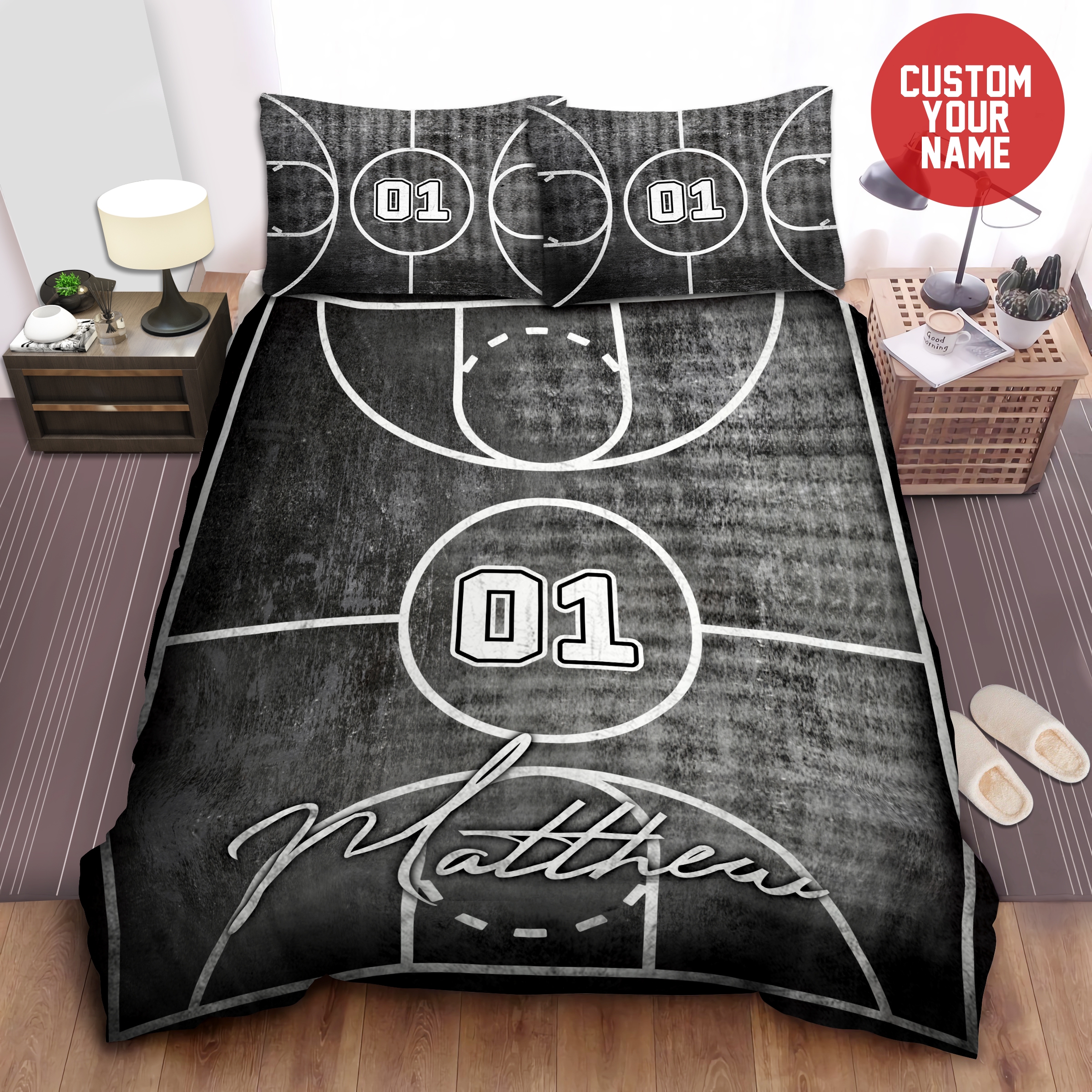 Black Basketball Court Personalized Custom Name Duvet Cover Bedding Set