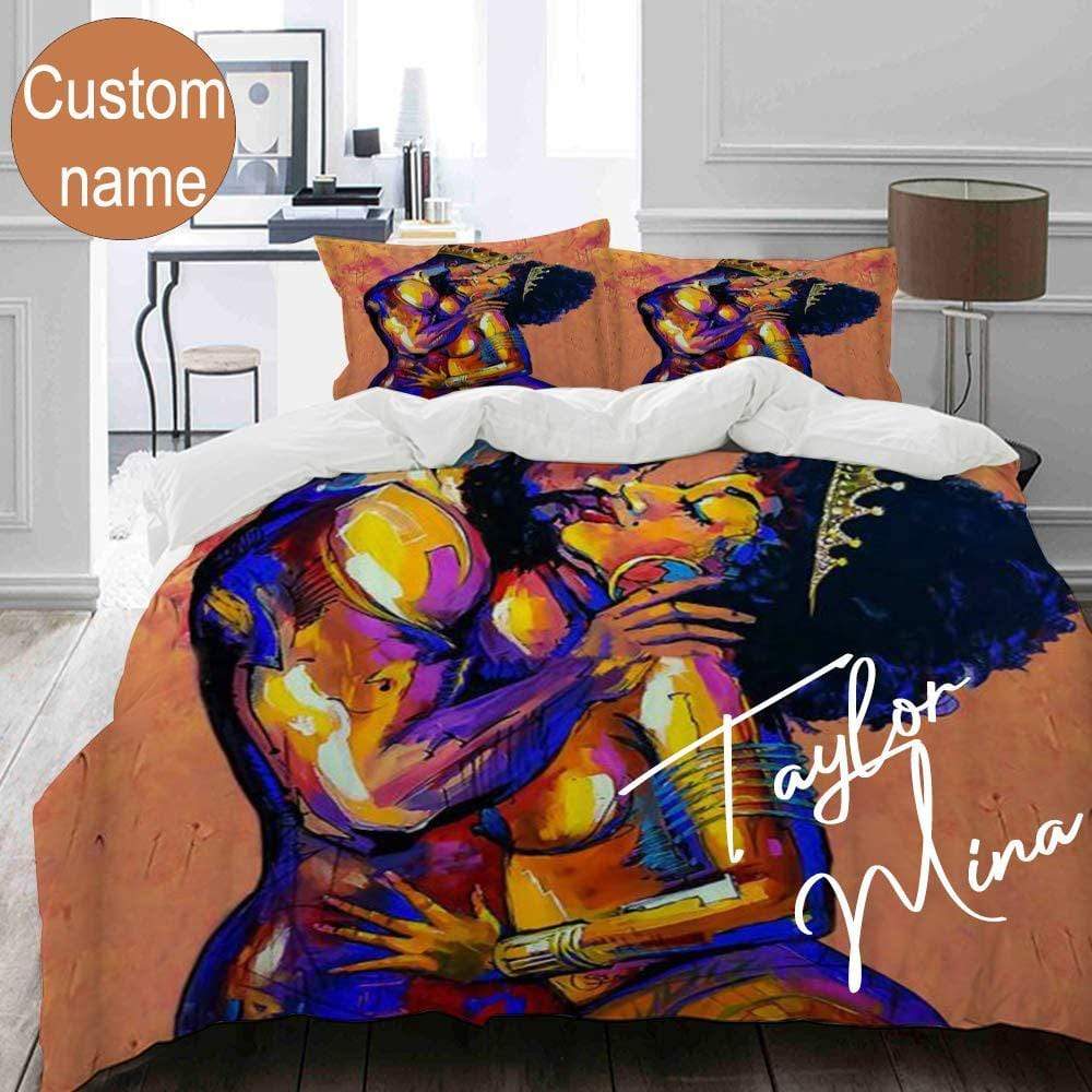 Black Couple Kiss Custom Name Duvet Cover Bedding Set