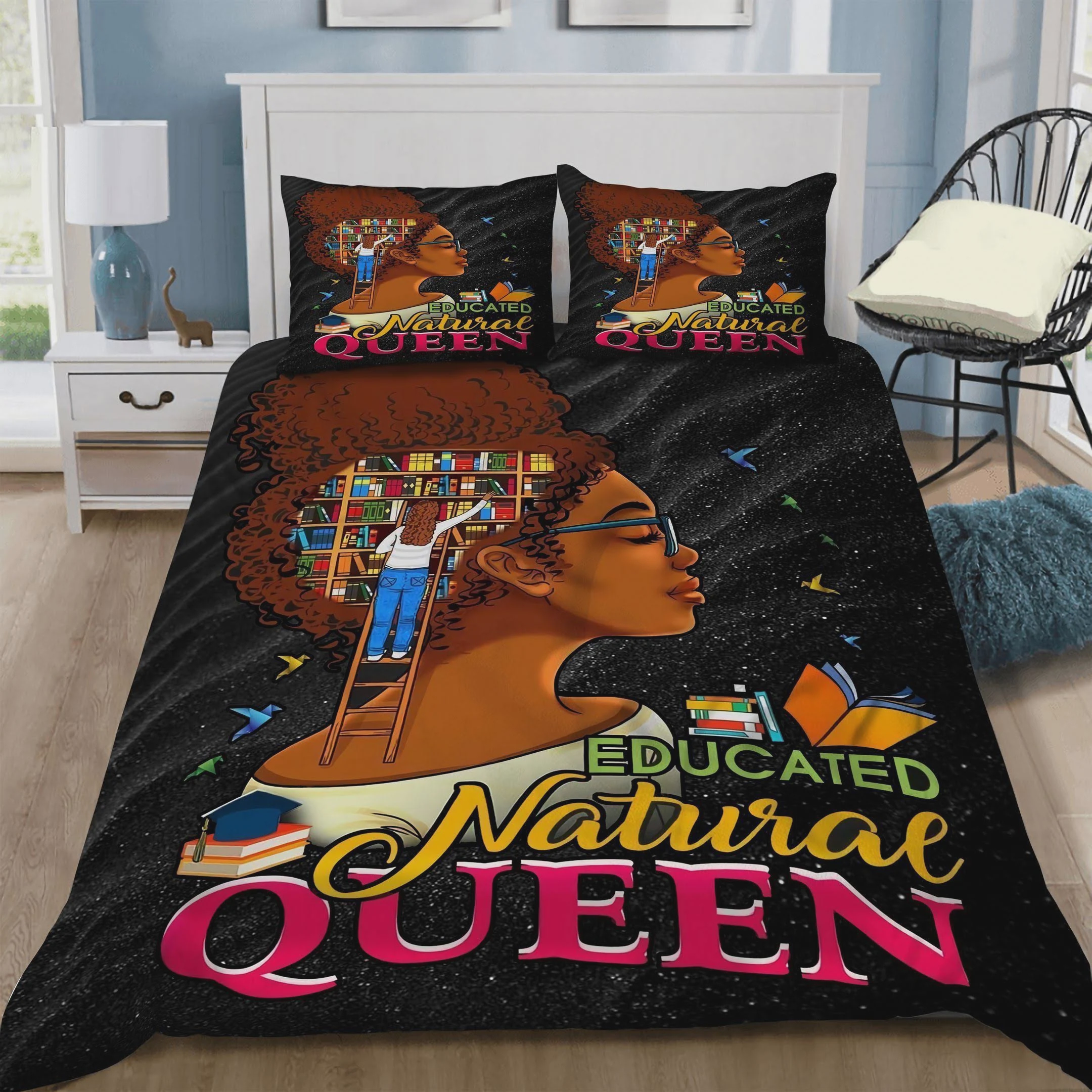 Black Girl Educated Natural Queen Cotton Bed Sheets Spread Comforter Duvet Cover Bedding Sets