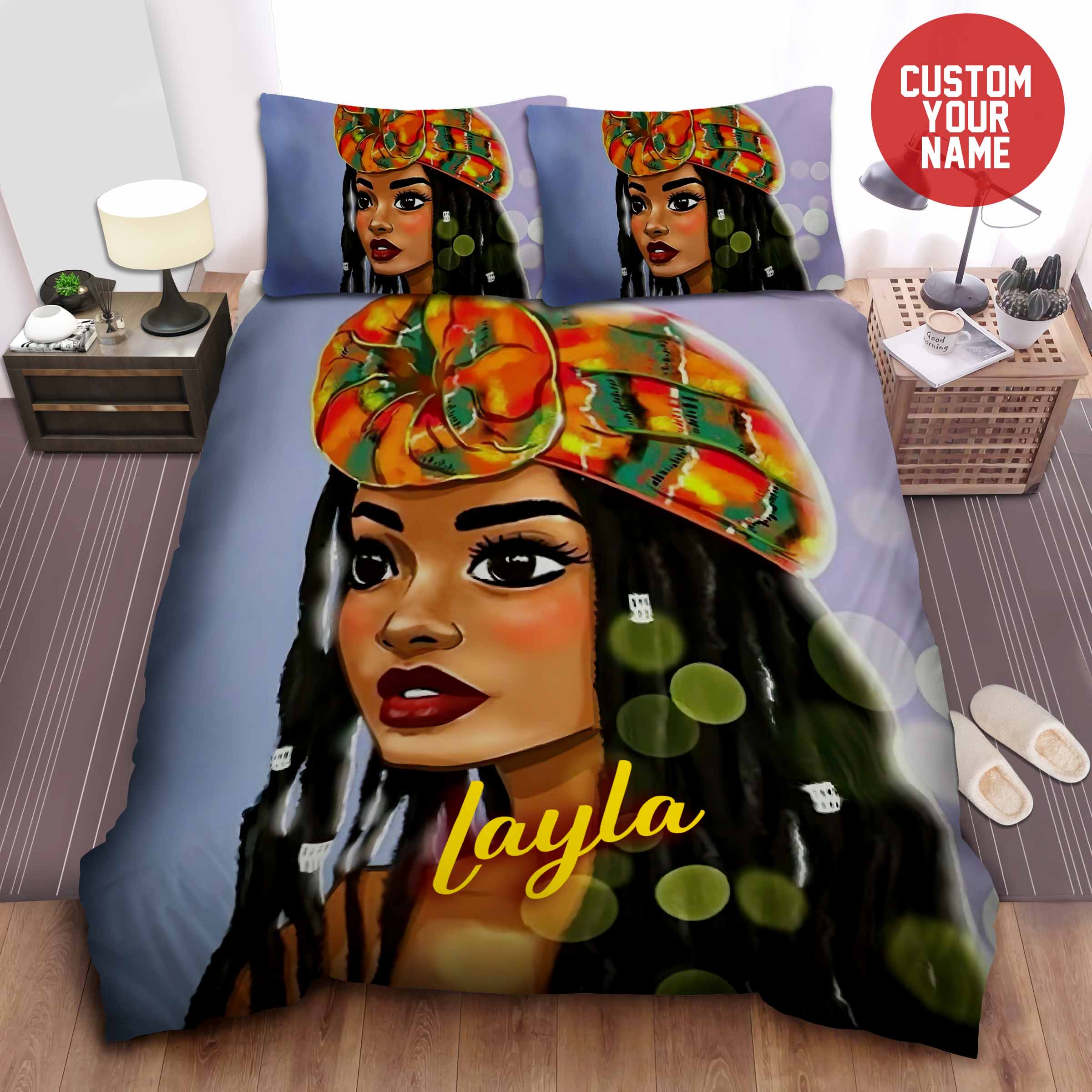 Black Girl With Turban African American Woman Black Girl Magic Custom Name Duvet Cover Bedding Set