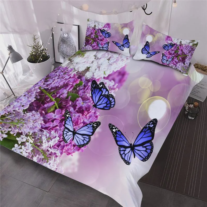 Blue Butterflies On Purple Lilacs Printed Cotton Bed Sheets Spread Comforter Duvet Cover Bedding Sets