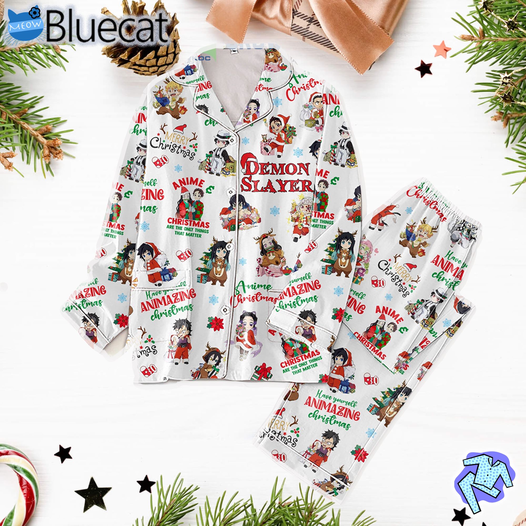 Demon Slayer Anime Christmas Have Yourself Animazing Christmas Silk Pajamas Set