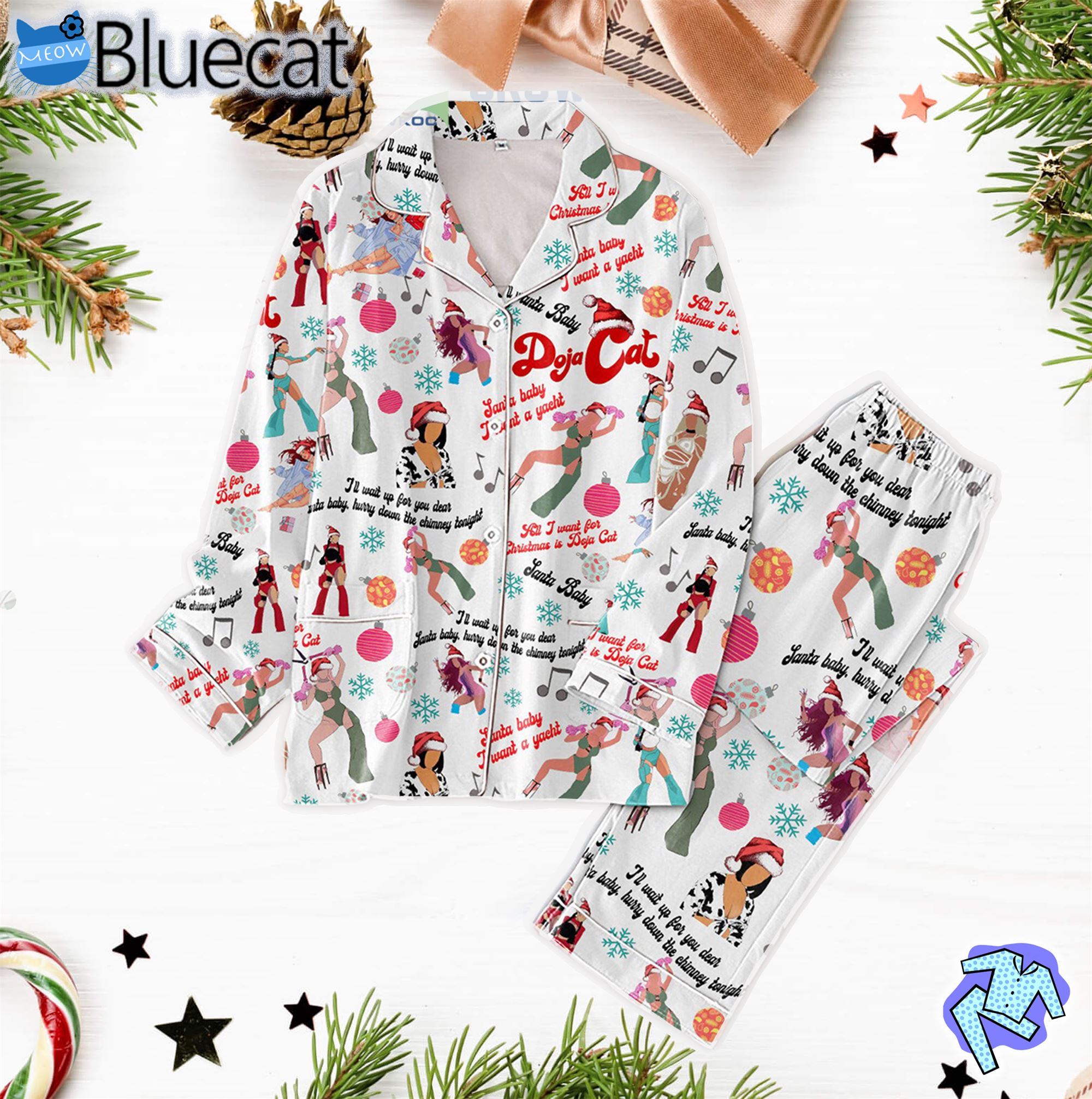 Doja Cat Santa Baby I Want A Yatch Hurry Down The Chimney Tonight Christmas Silk Pajamas Set