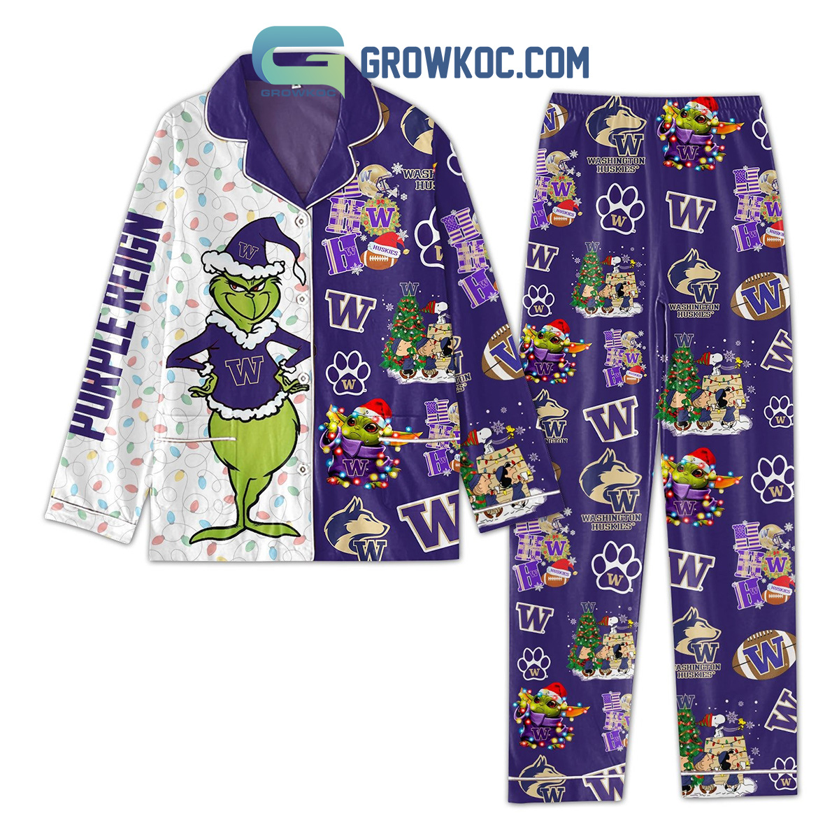 Grinch Baby Yoda Washington Huskies UW Purple Reign NCAA Christmas Holidays Silk Pajamas Set