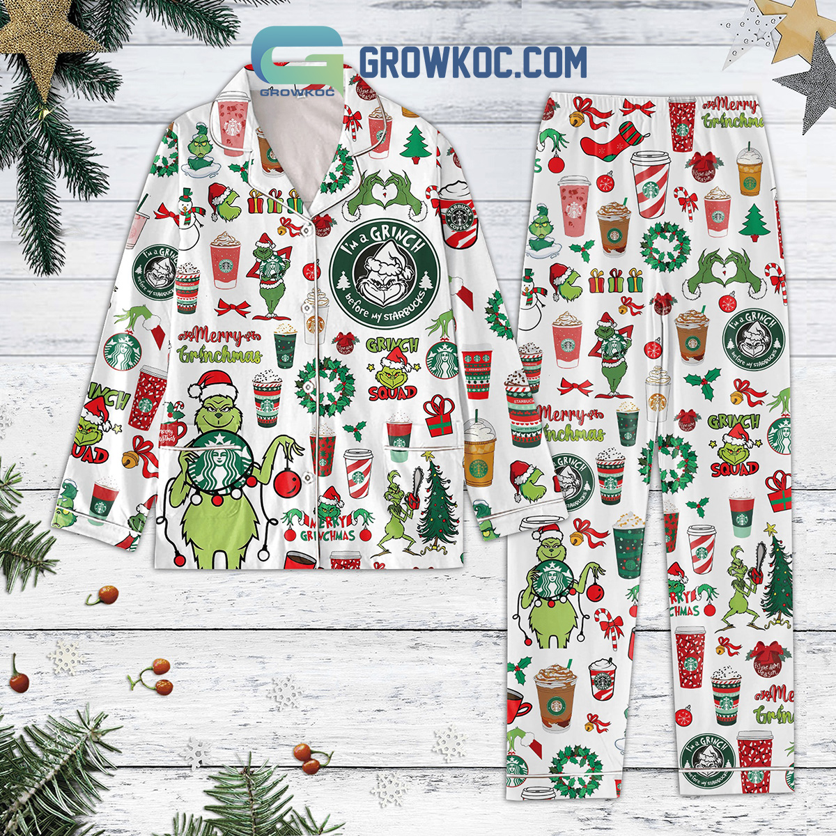 Grinch Starbucks Coffeeholic Christmas Polyester Pajamas Set White Version