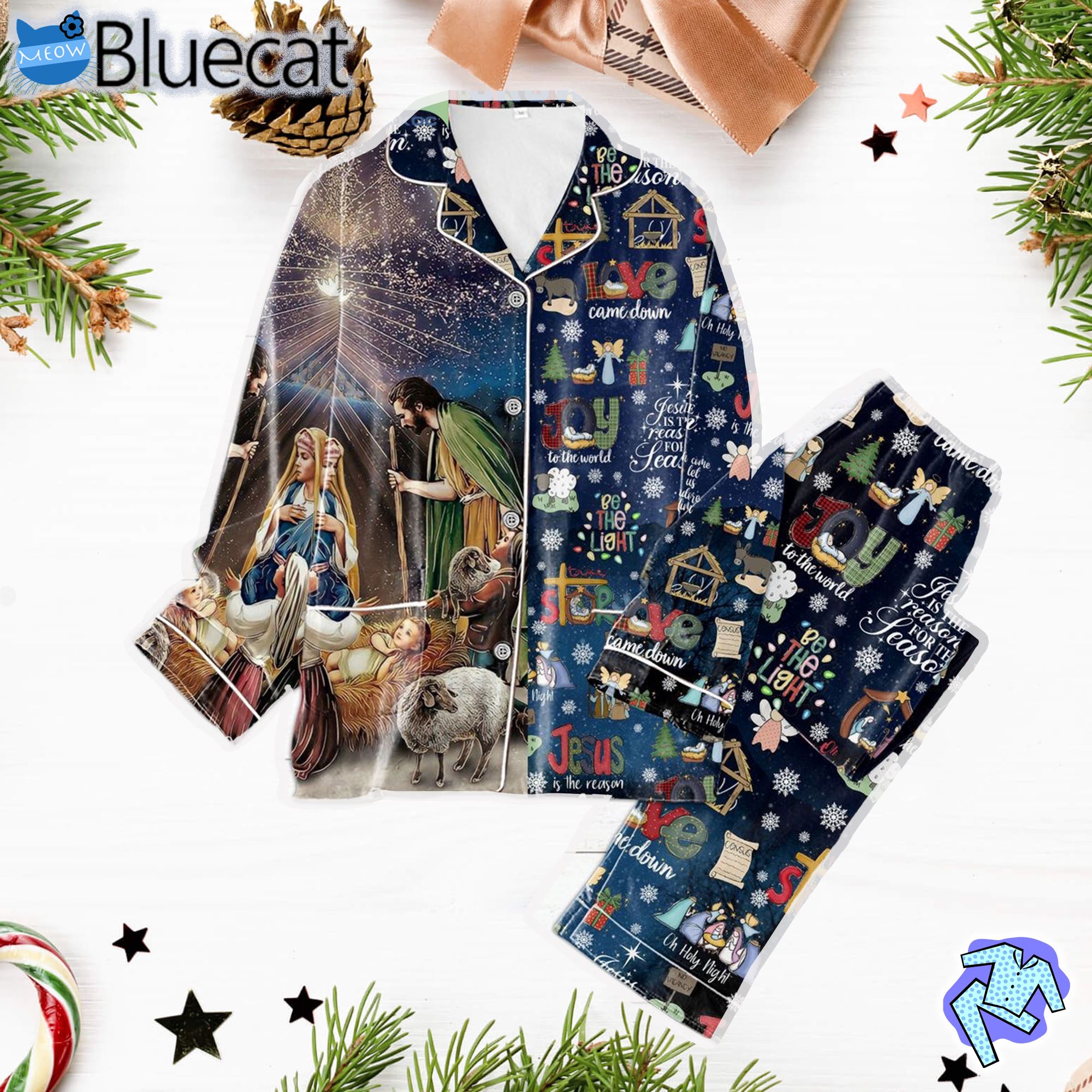 Jesus Is A Reason For The Season Be The Light Joy To The World Christmas Silk Pajamas Set