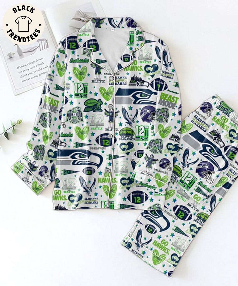 Limited Editon 2023 Seahawks Blitx 12 Seattle Mascot Design White Pijamas Set