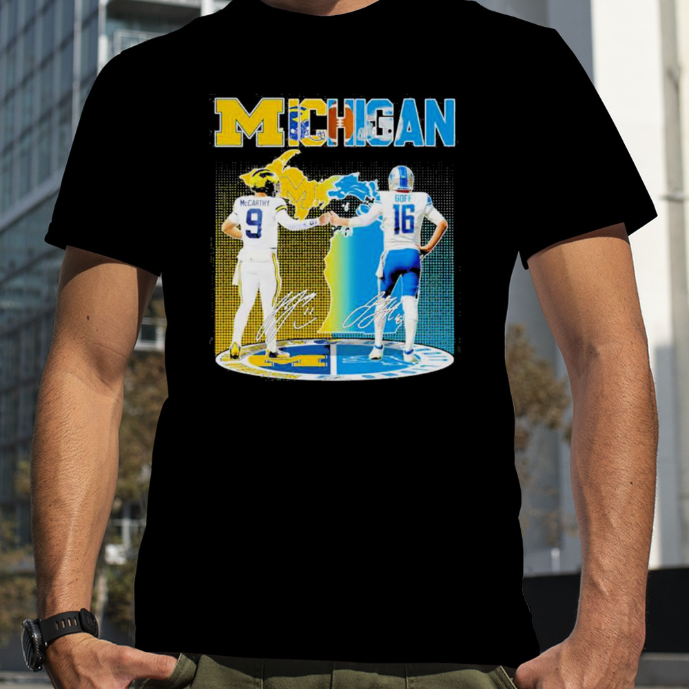 Michigan Wolverines McCarthy and Detroit Lions Goff 2023 2024 Season Champions Signatures Shirt