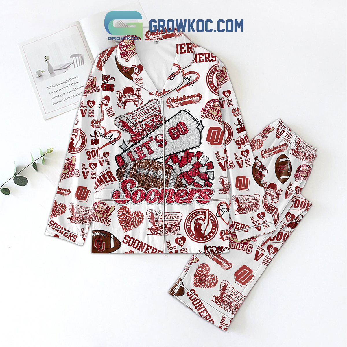 Oklahoma Sooners Let's Go Sooners White Design Polyester Pajamas Set