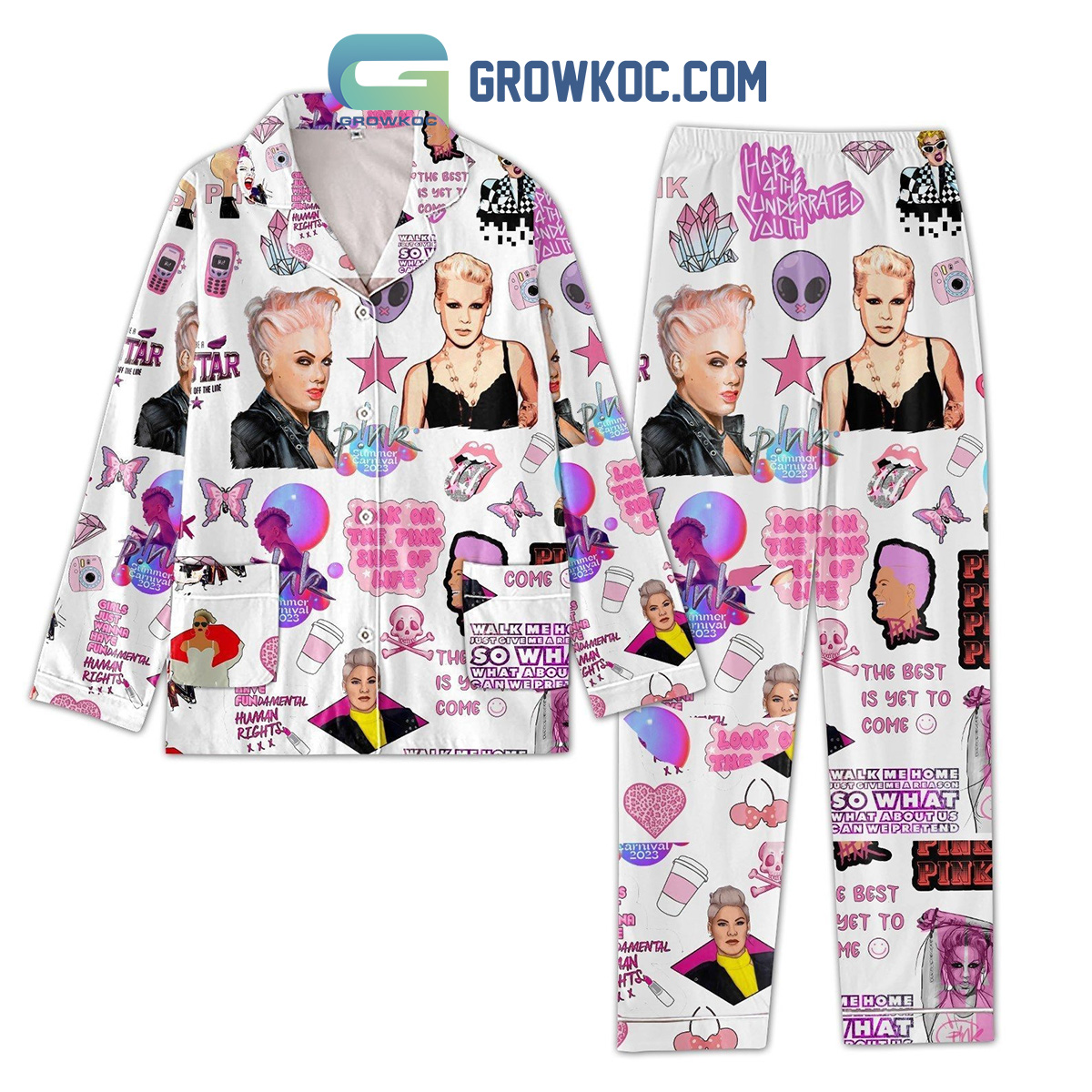 Pink Walk Me Home Rockstar Polyester Pajamas Set White