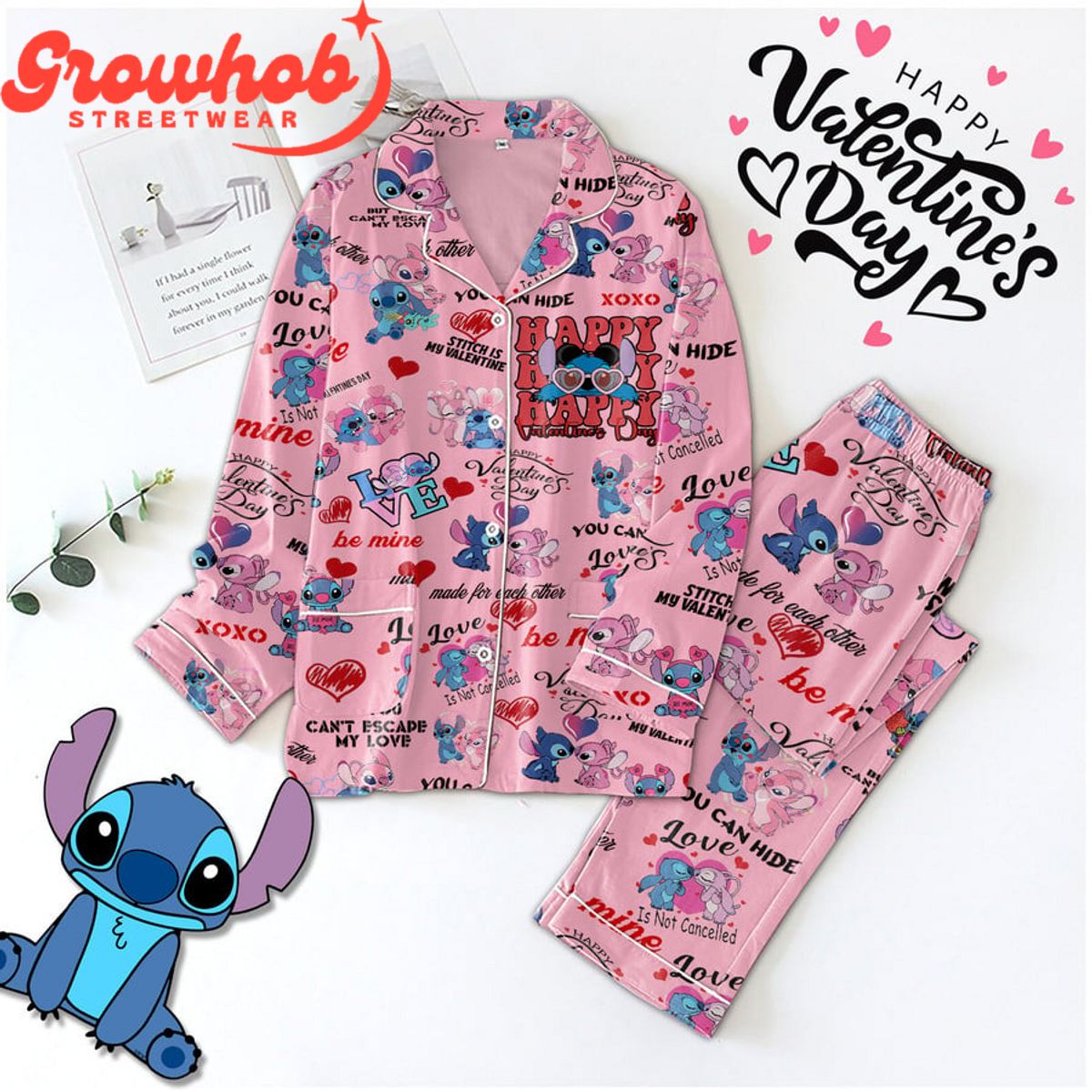 Stitch Angle Valentine Day Polyester Pajamas Set