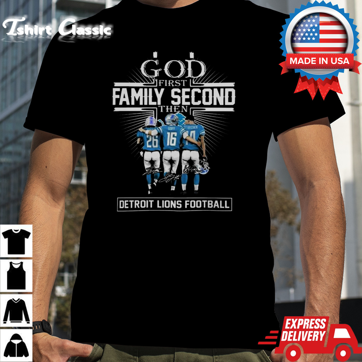 God First Family Second Then Detroit Lions Hutchinson Goff And St. Brown Signatures 2024 Shirt