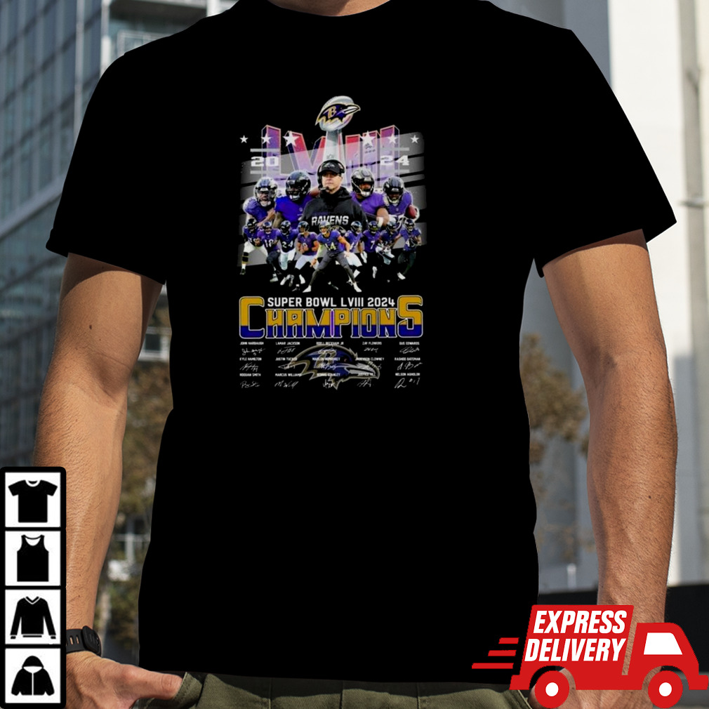 Baltimore Ravens Super Bowl LVIII 2024 Champions Signatures T-Shirt