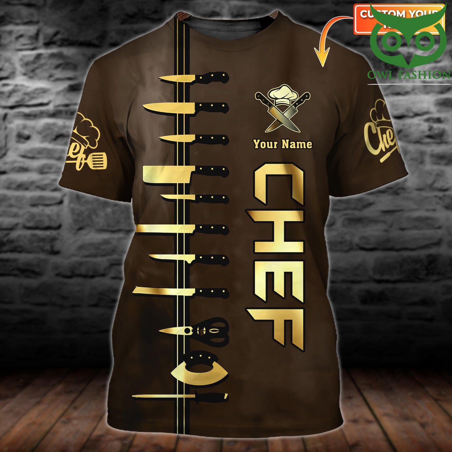 CHEF Personalized Name Brown and Gold 3D Tshirt