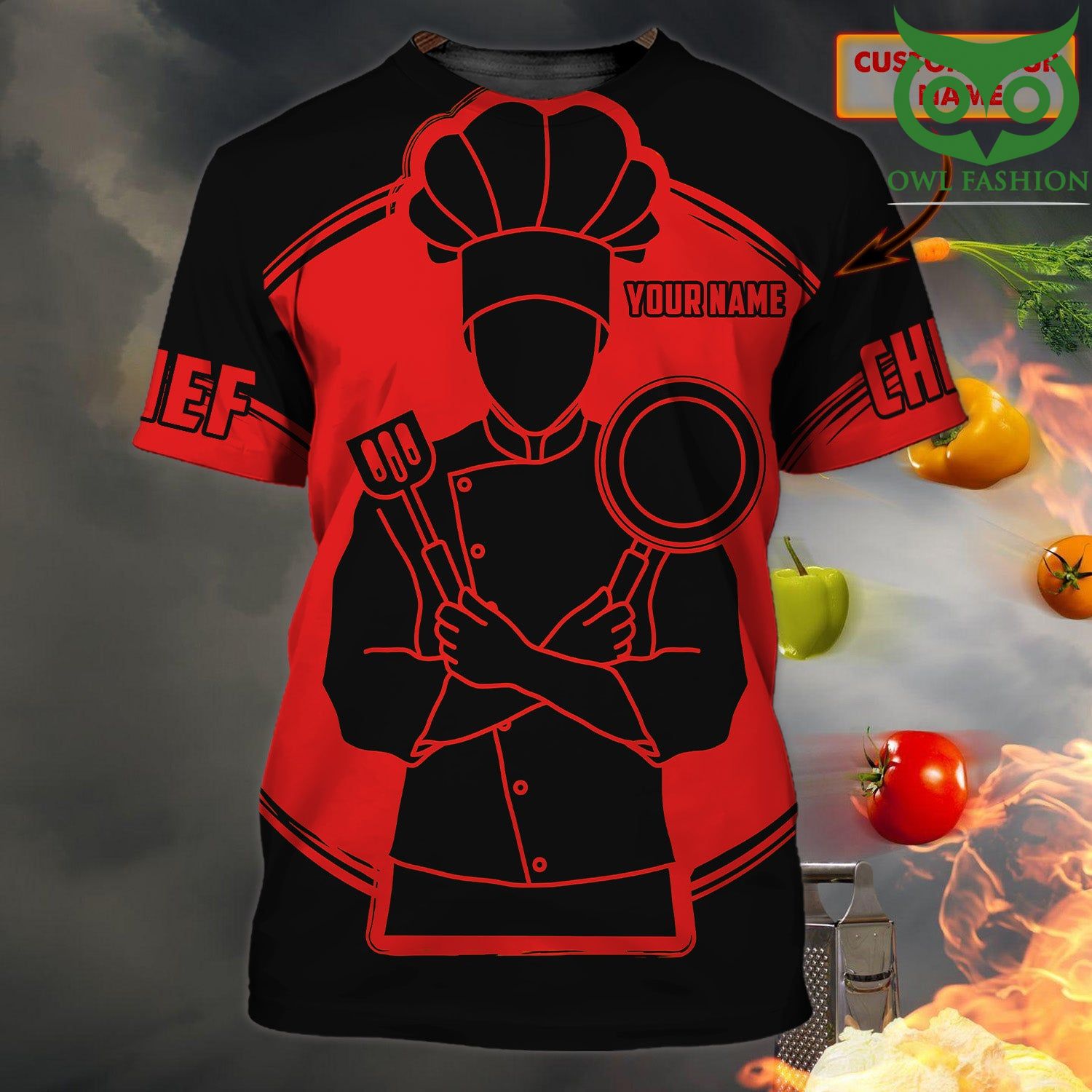 CHEF red and black shape Personalized Name 3D Tshirt