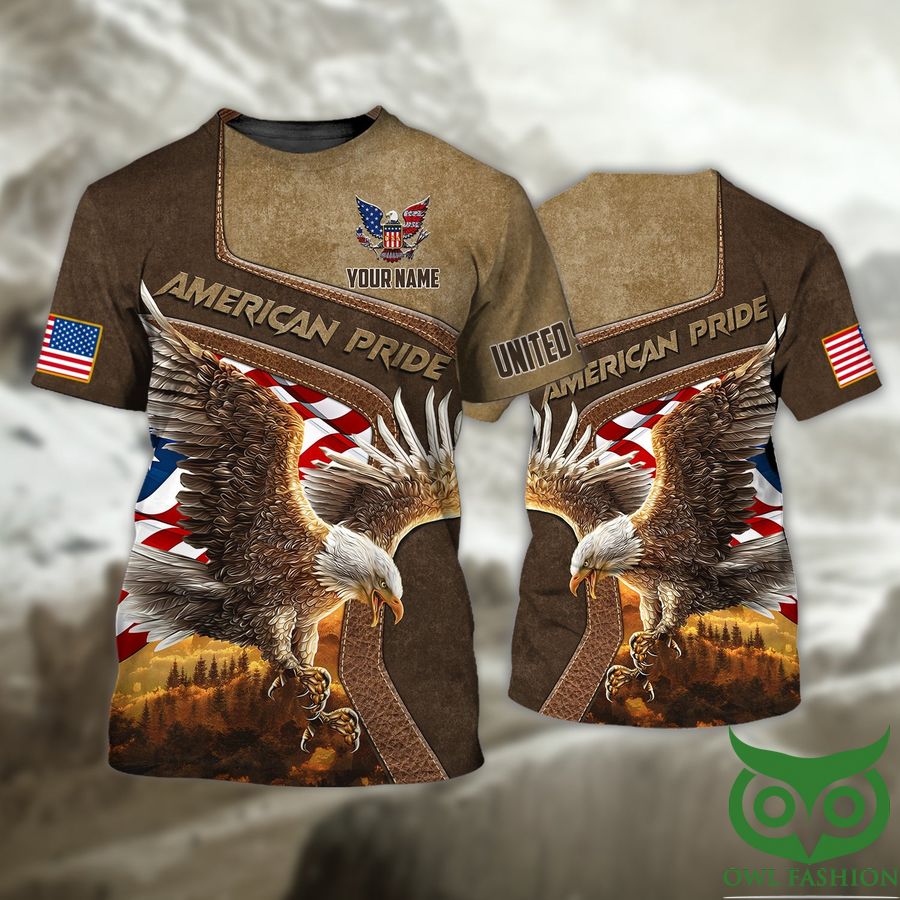 Custom Name American Pride Flag Eagle Brown 3D T-shirt