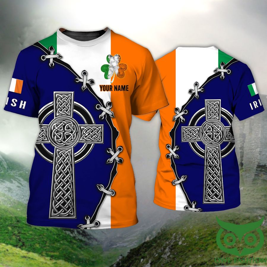 Custom Name Gray Crucifix Irish Dark Blue White Orange Green St.Patrick's Day 3D T-shirt