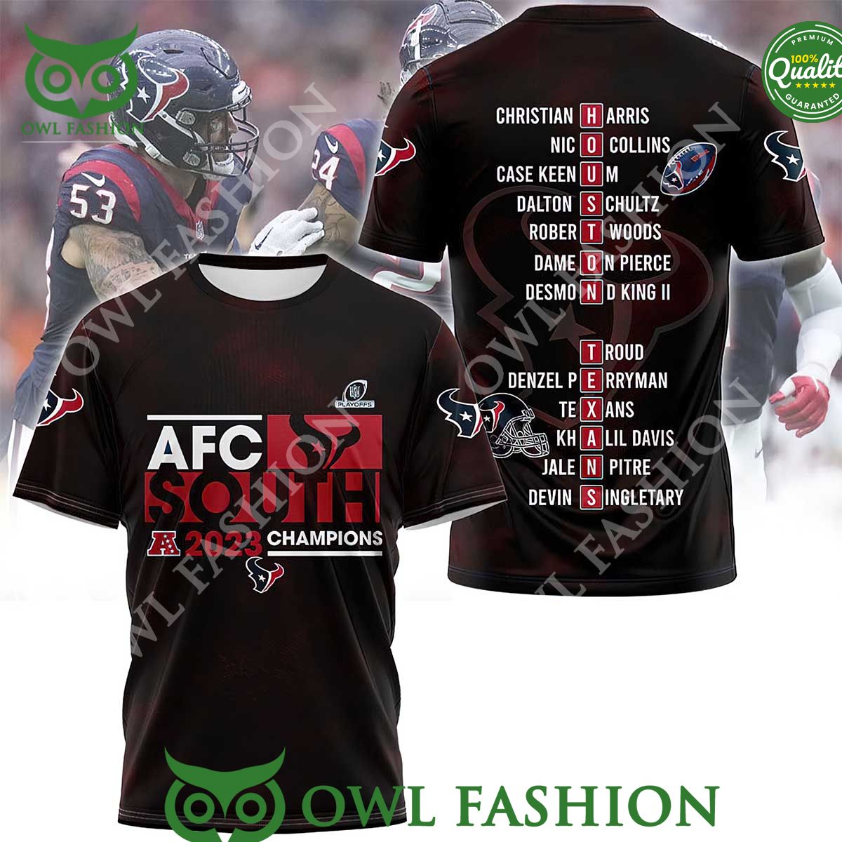 Houston Texans Player Name AFC South 2023 Champion 3d t Shirt