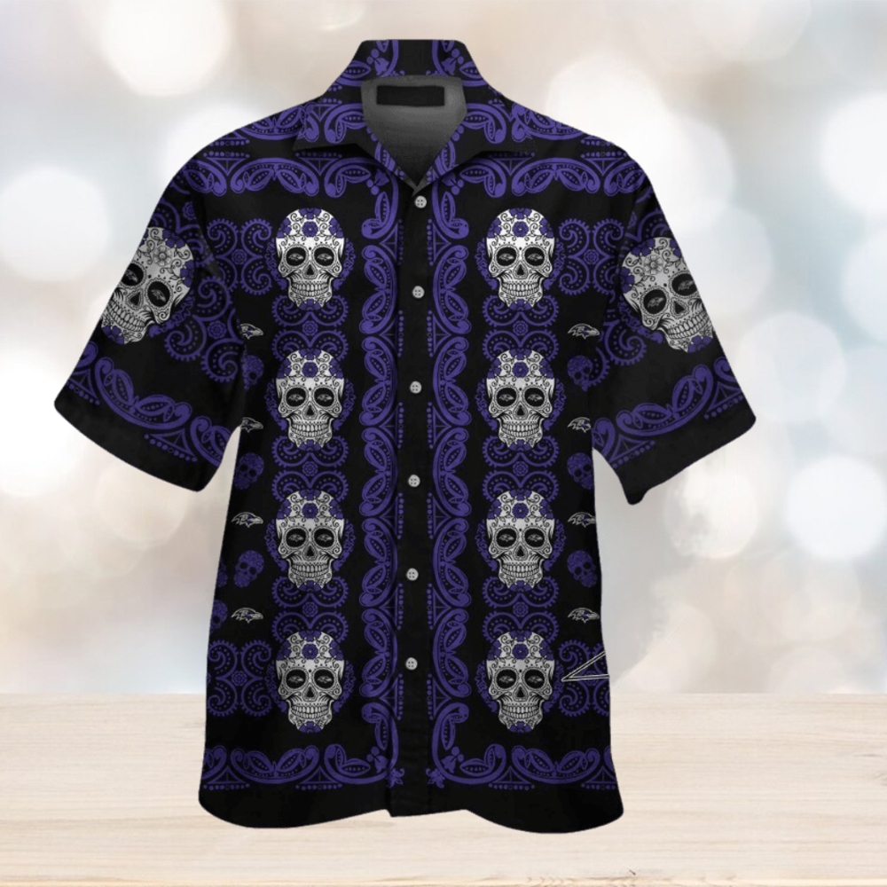 Baltimore Ravensskull Short Sleeve Button Up Tropical Hawaiian Shirt VER01 - Limotees