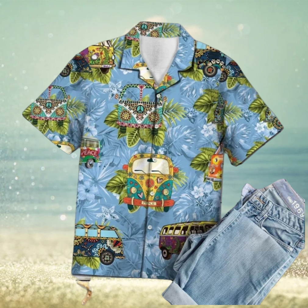 Deluxe Tropical Hippie Bus Mix Blue Theme Hawaiian Shirt - Limotees