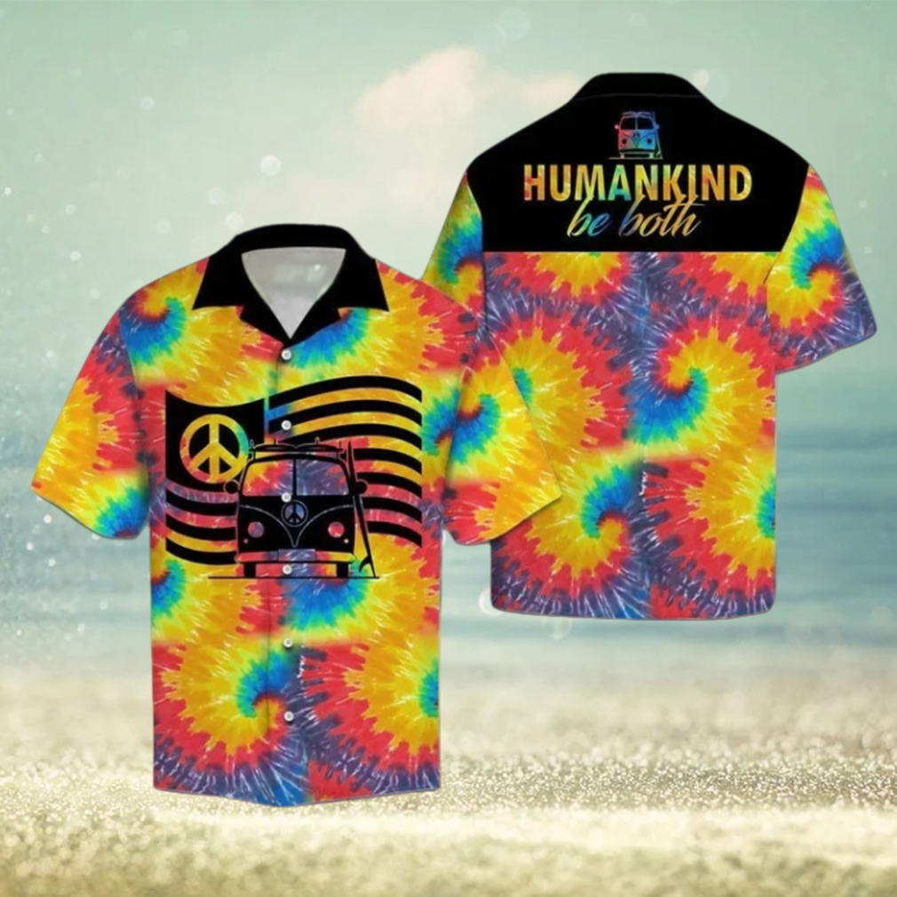 Hippie Car Humankind Be Both Peace Sign Flag On Swirl Tie Dye Hawaiian Shirt - Limotees