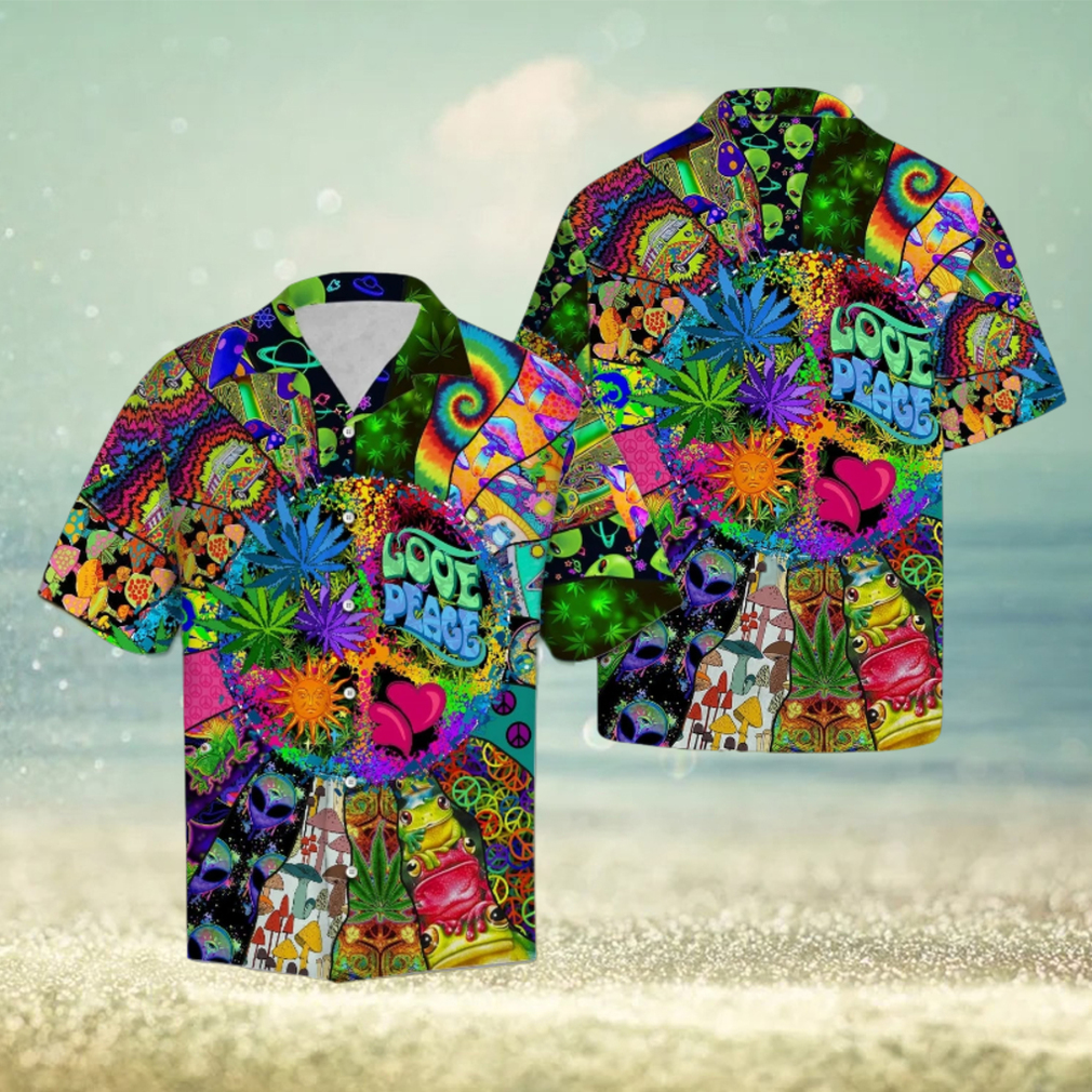 Hippie Trendy Hawaiian Shirt Love Peace Hippie Mushroom Alien Symbols Hawaii Aloha Shirt - Limotees