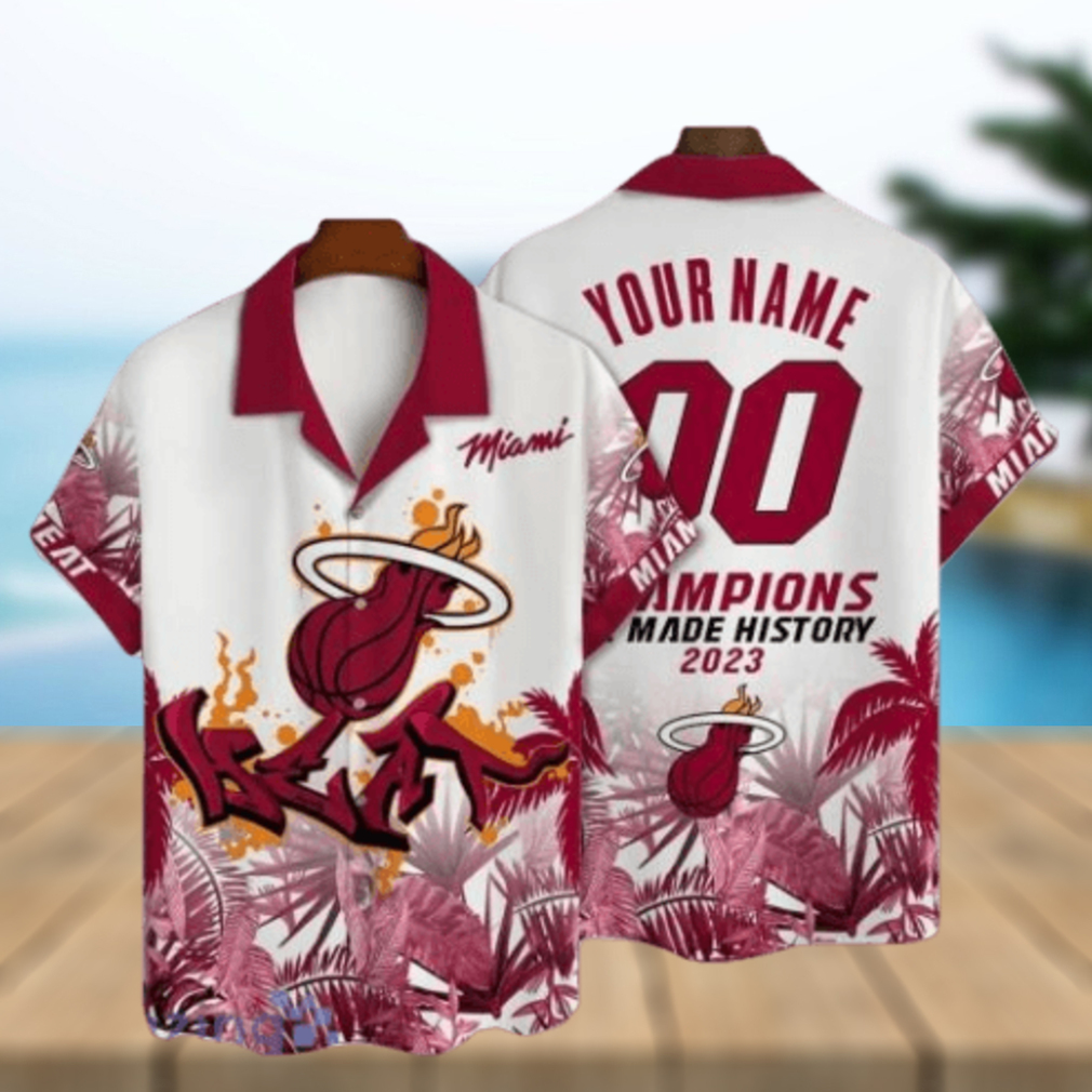 Miami Heat NBA Champions Pattern Custom Name And Number Short Sleeve 3D Hawaiian Shirt Summer Gift - Limotees