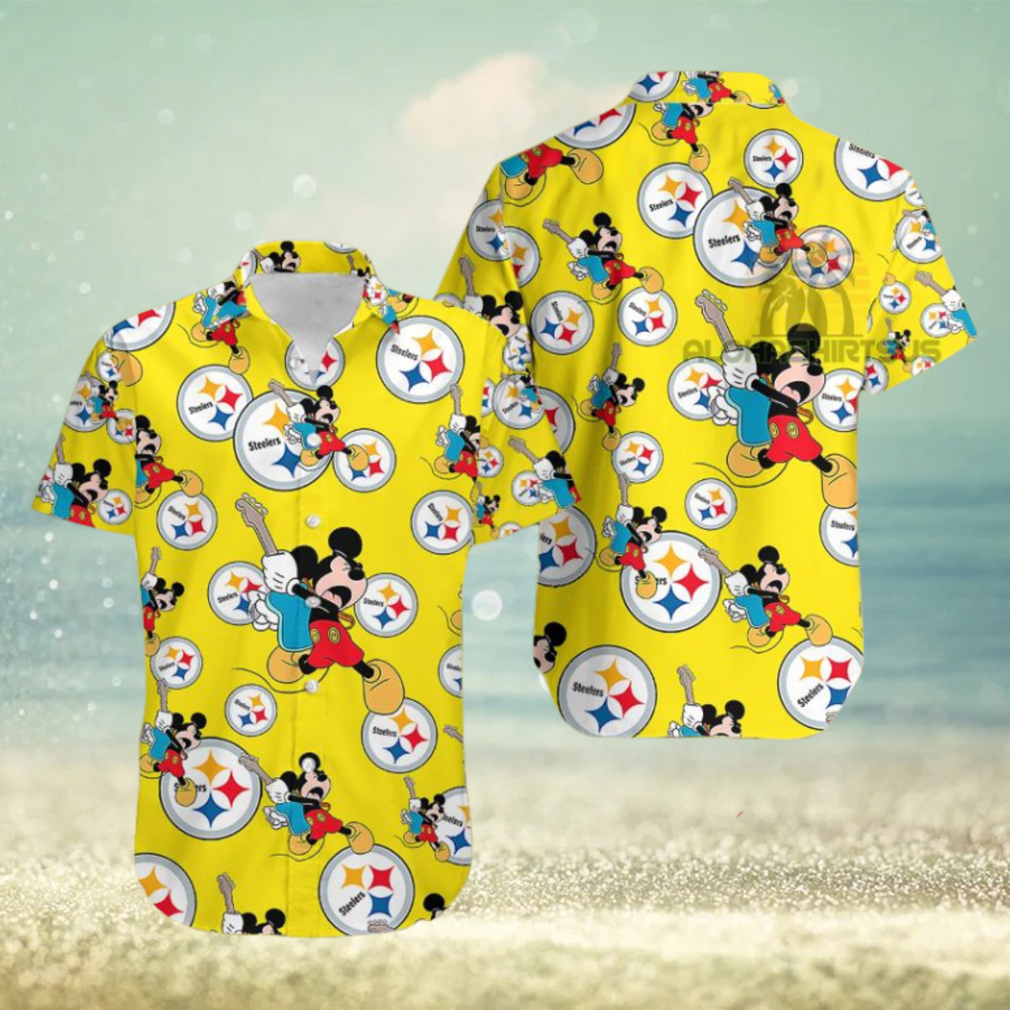 Mickey Mouse Electric Guitar Pittsburgh Steelers Yellow One Piece Hawaiian Shirt - Limotees