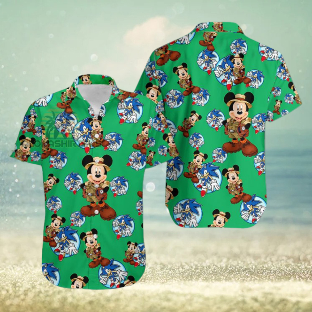 Mickey Mouse Explorer Segasonic The Hedgehog Irish Green Vintage Aloha Hawaiian Shirt - Limotees