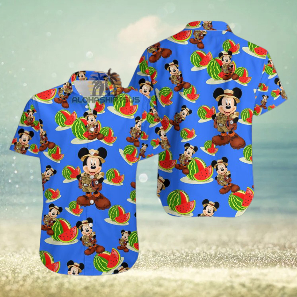 Mickey Mouse Explorer Watermelon Royal Blue Aloha Print Hawaiian Shirt - Limotees