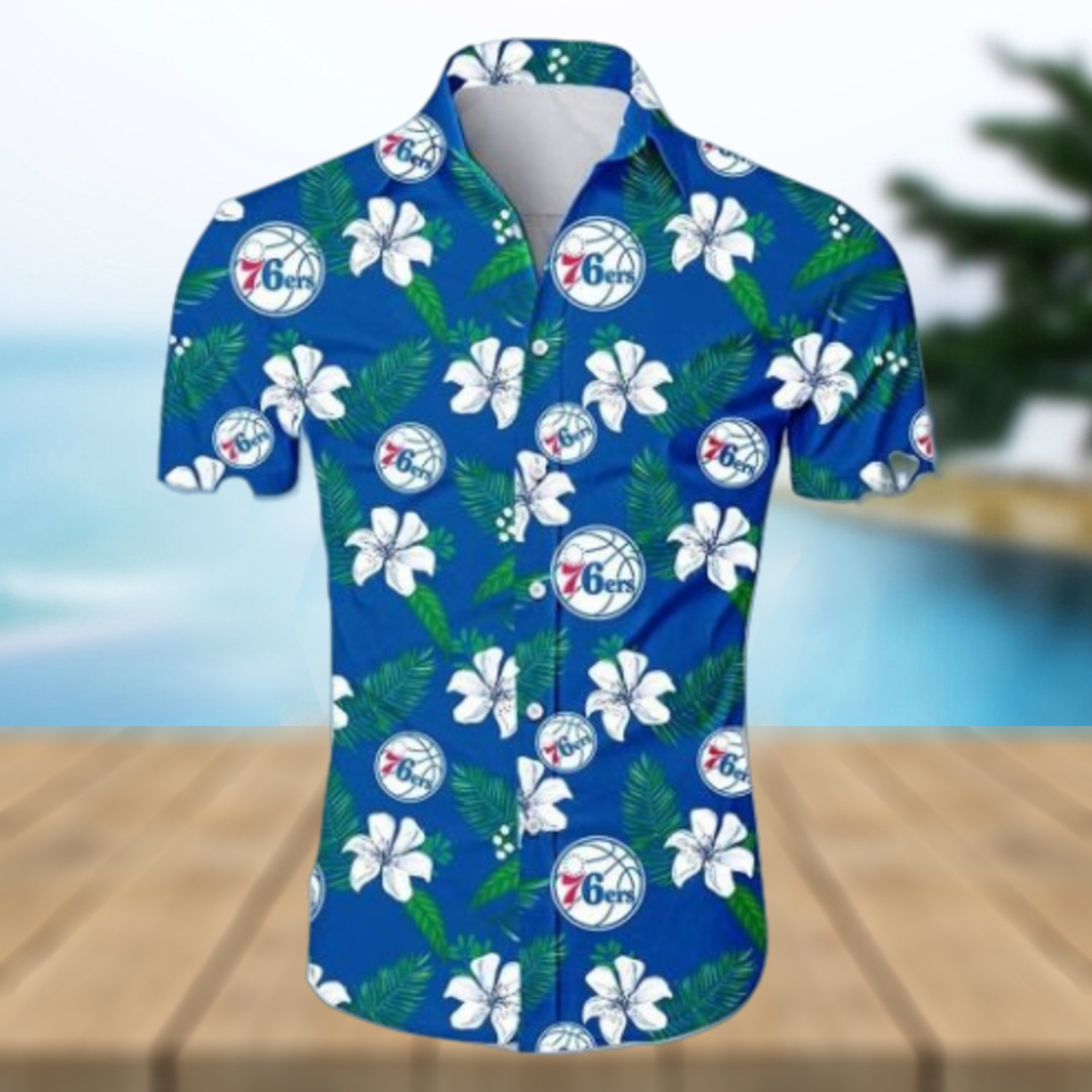 NBA Philadelphia 76Ers White Hibiscus Flowers Green Leaves Hawaiian Shirt - Limotees