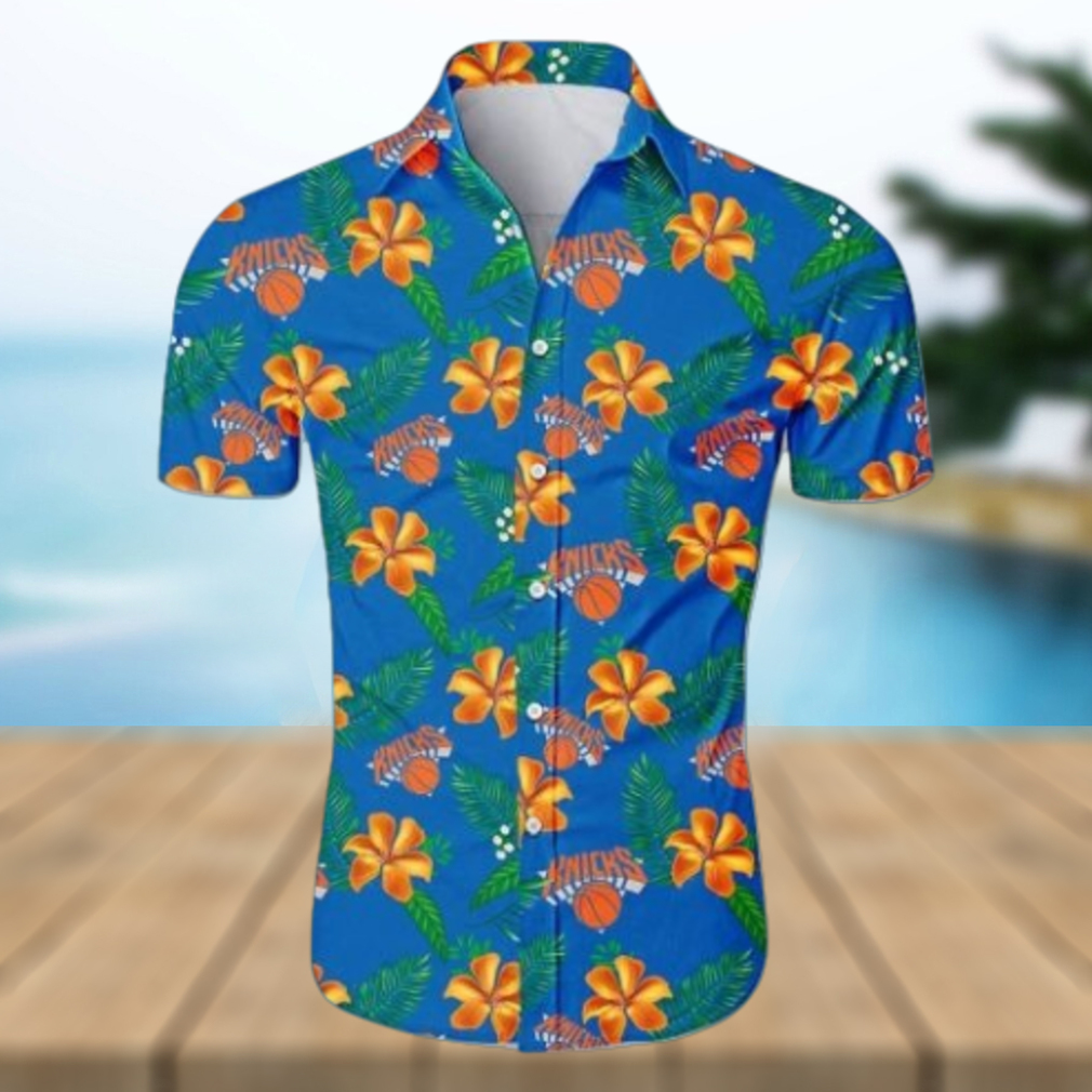 Nba New York Knicks Orange Blue Tropical Flowers Trendy Hawaiian Shirt Aloha Shirt - Limotees