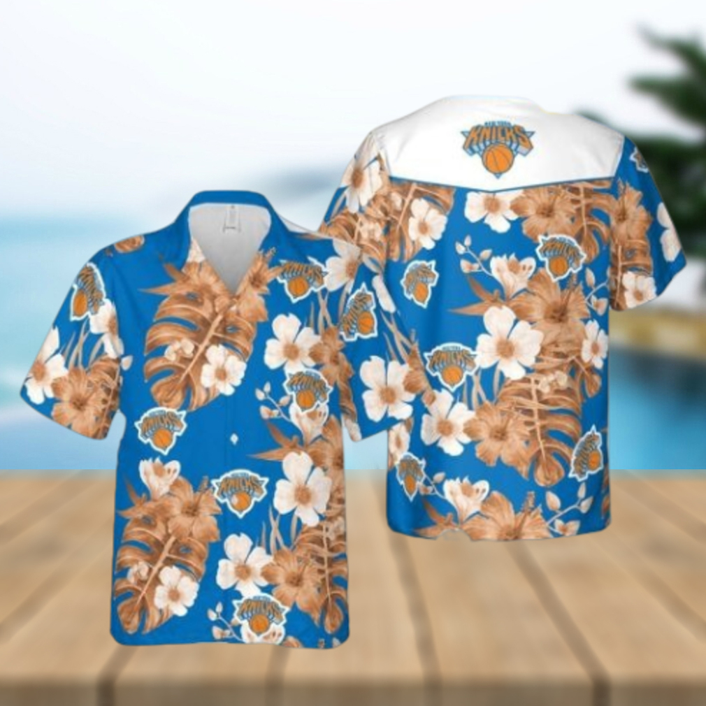 Nba New York Knicks White Orange Tropical Flowers Trendy Hawaiian Shirt V2 Aloha Shirt - Limotees