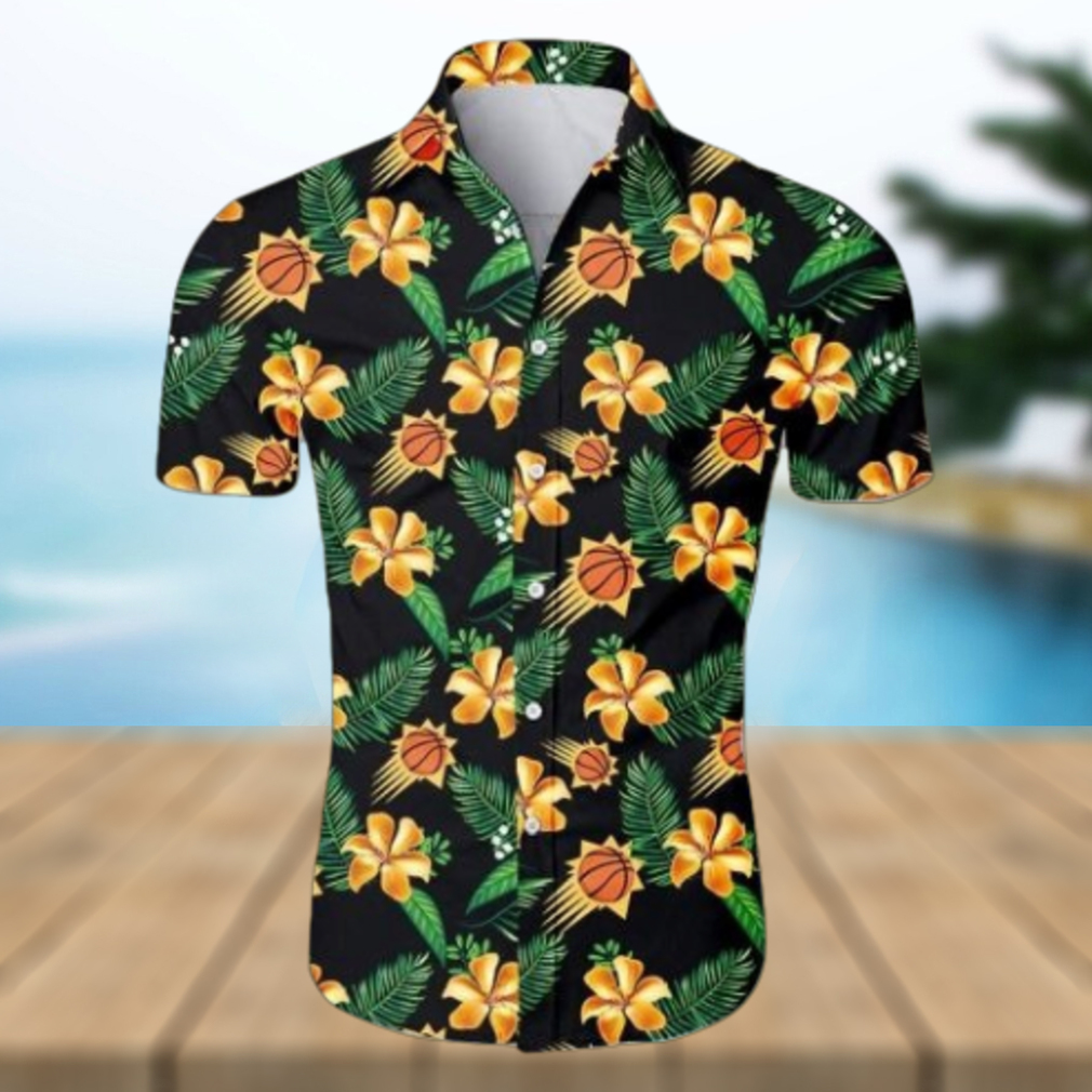 Nba Phoenix Suns Orange Hibiscus Flowers Green Leaves Trendy Hawaiian Shirt Aloha Shirt - Limotees