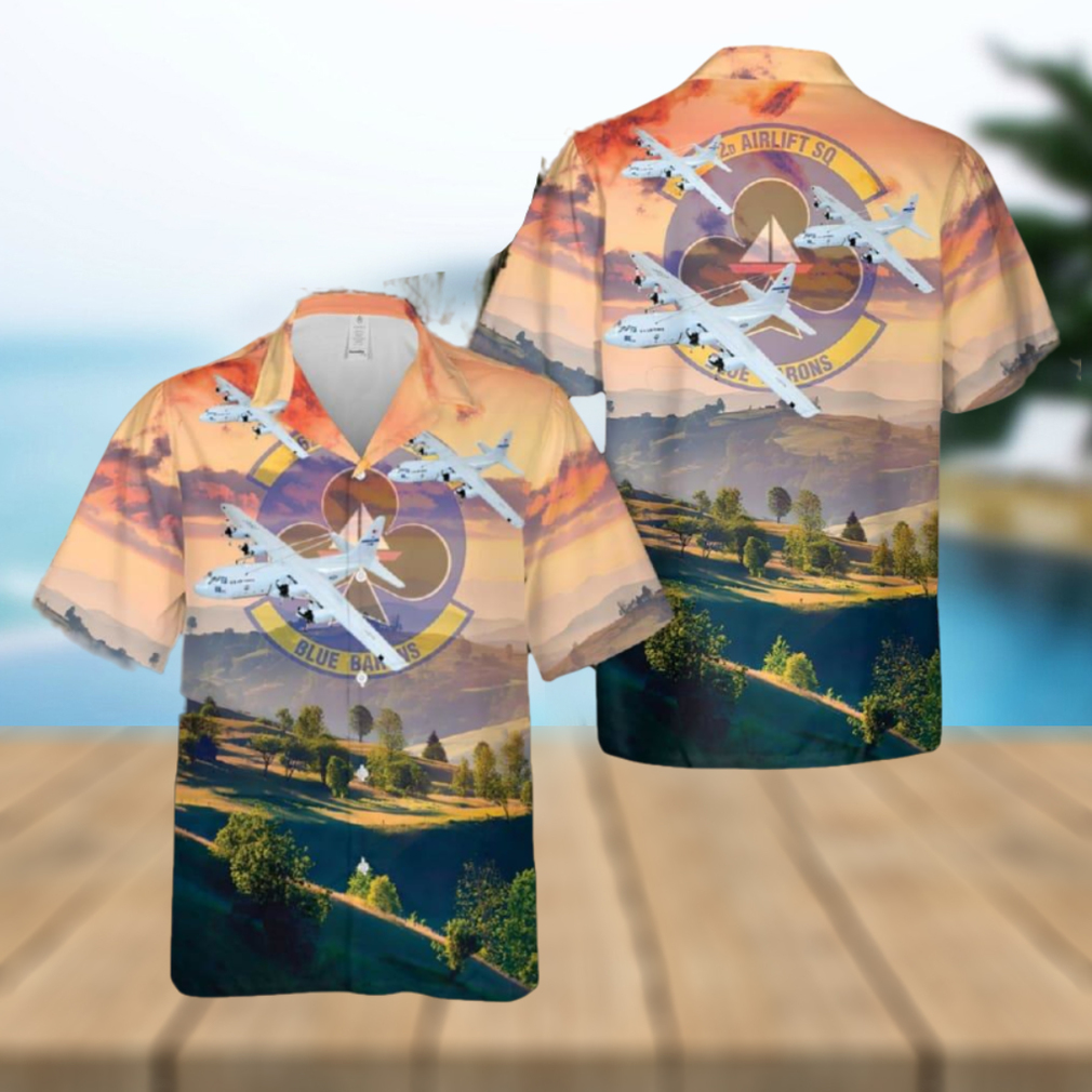 US Air Force 62d Airlift Squadron Blue Barons Lockheed Martin C 130E Hawaiian Shirt - Limotees