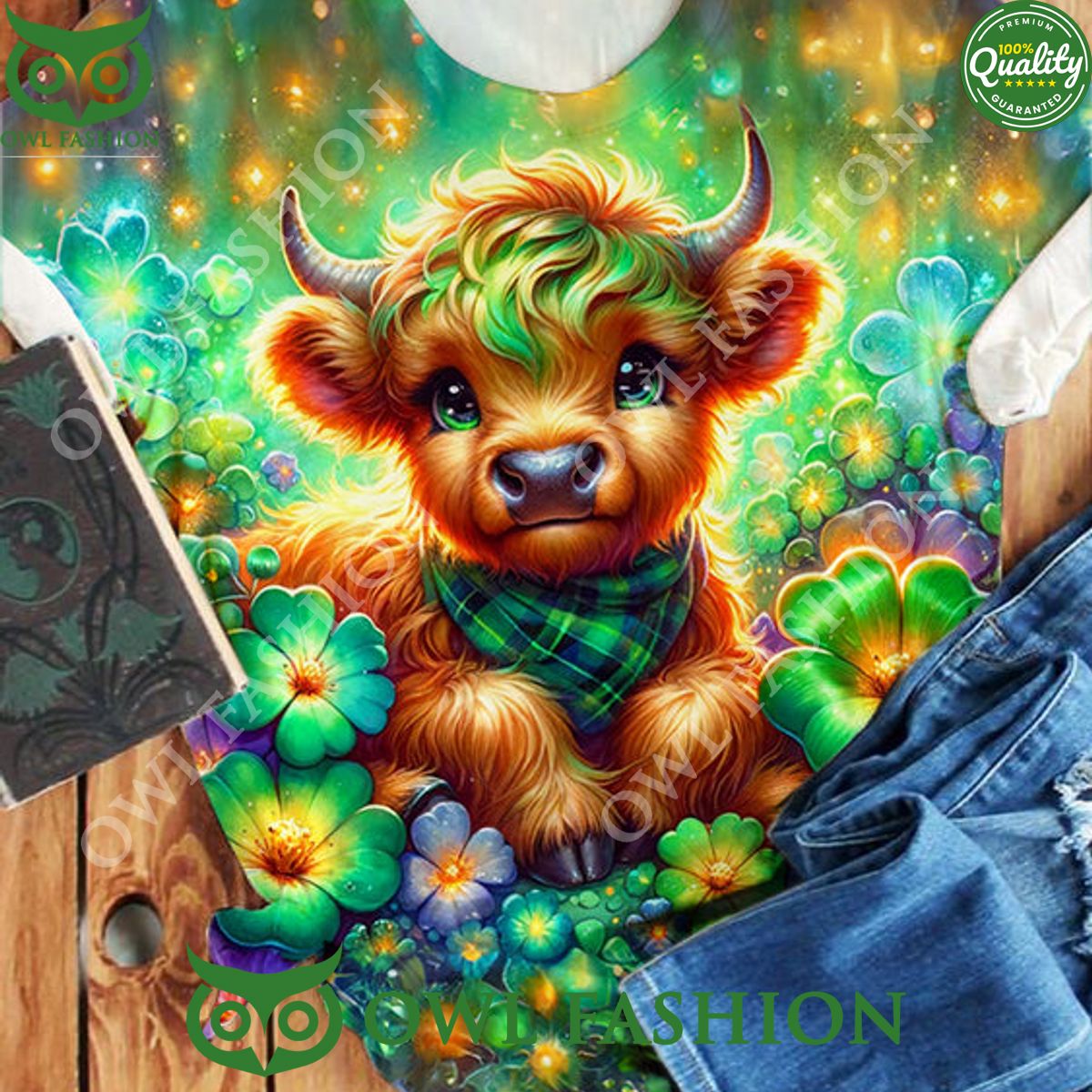 Lucky Clover Baby Highland Cow St Patricks t shirt