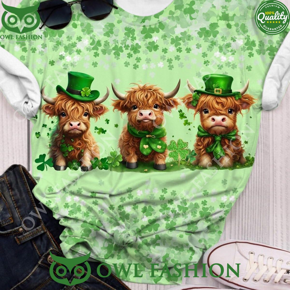 Three Shamrock Baby Highland Cow St Patricks t shirt