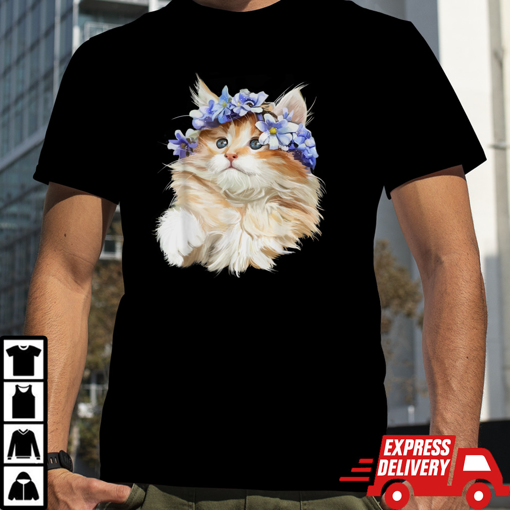 Cute Cat Blue Flower Crown T-Shirt