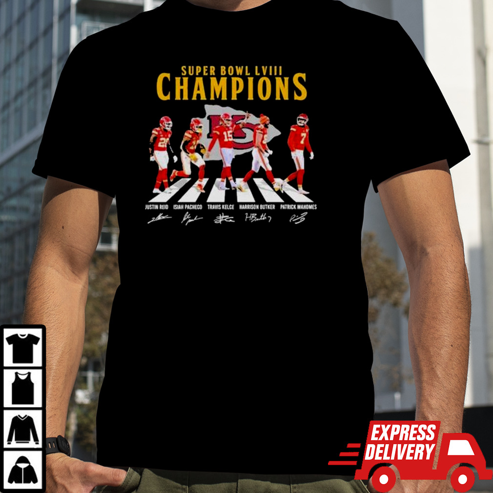 KC Chiefs Super Bowl LVIII Champions Reid Pacheco Kelce Butker and Mahomes abbey road signatures shirt